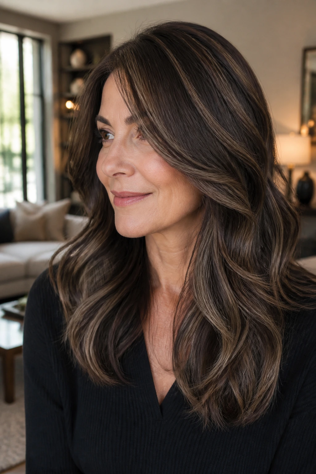Hair with espresso roots and mushroom balayage highlighting depth