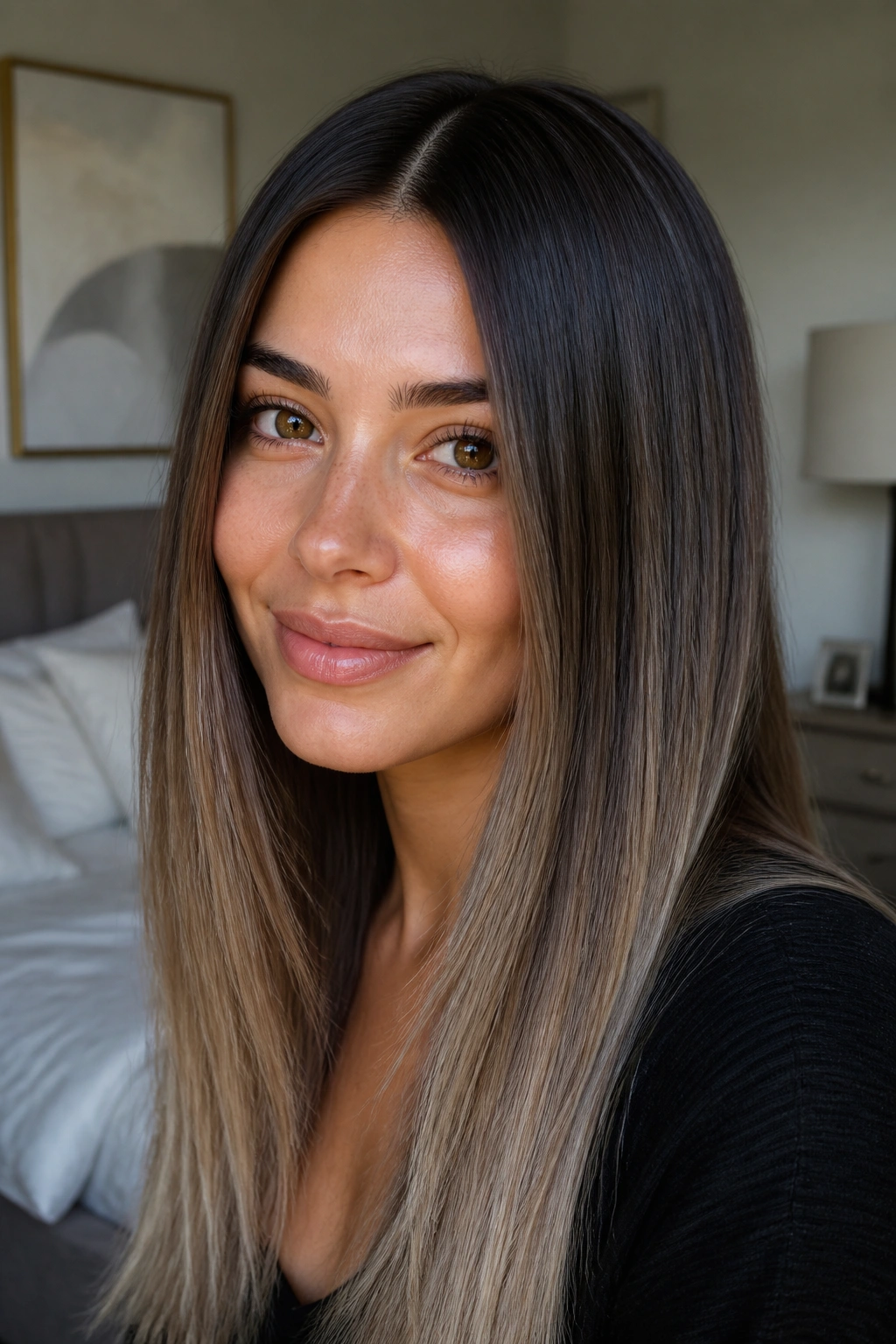Close-up of a real woman with espresso to mushroom brown color melt.