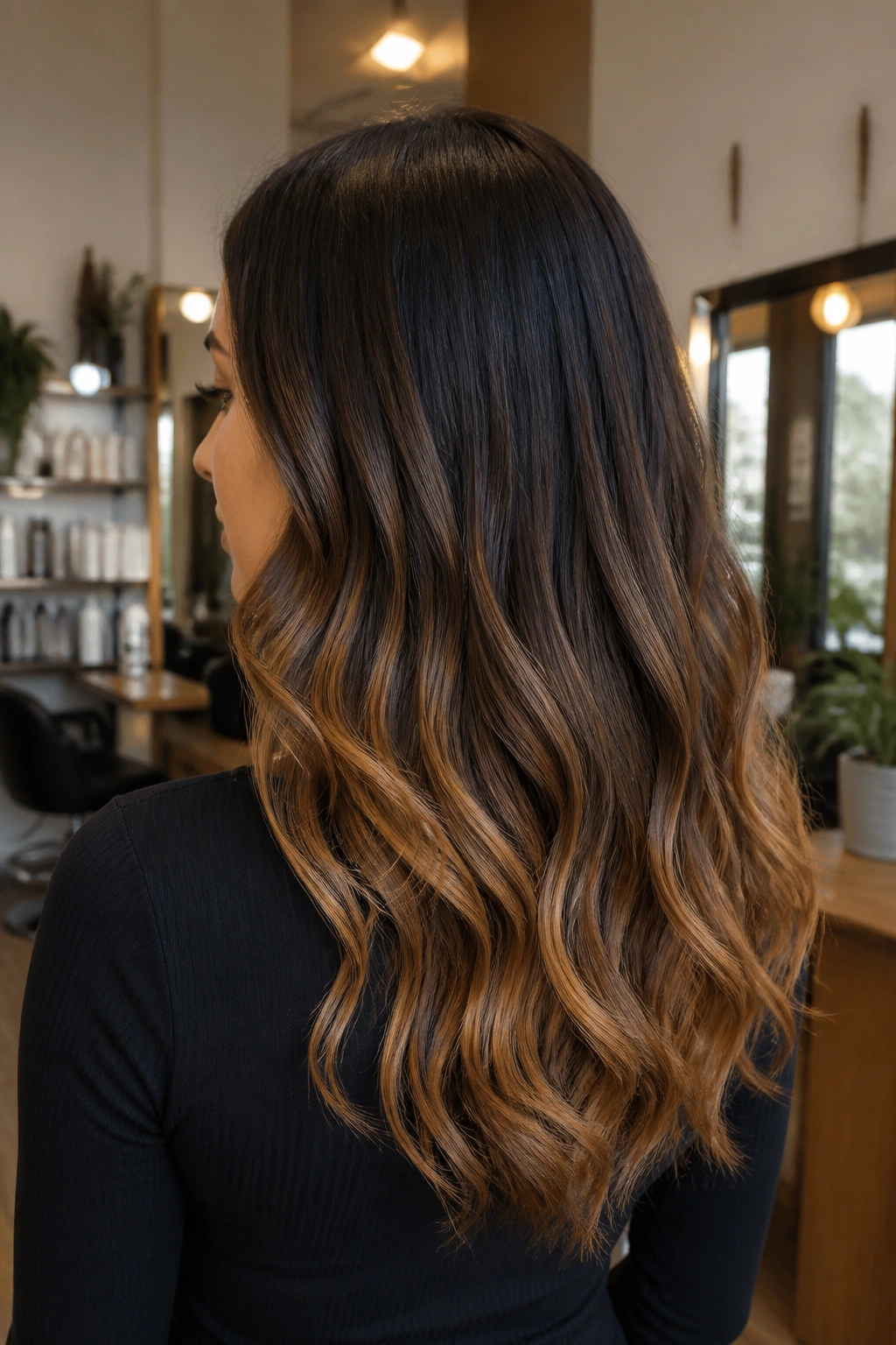 Back-of-head view of brunette showing espresso roots fading to caramel ends.