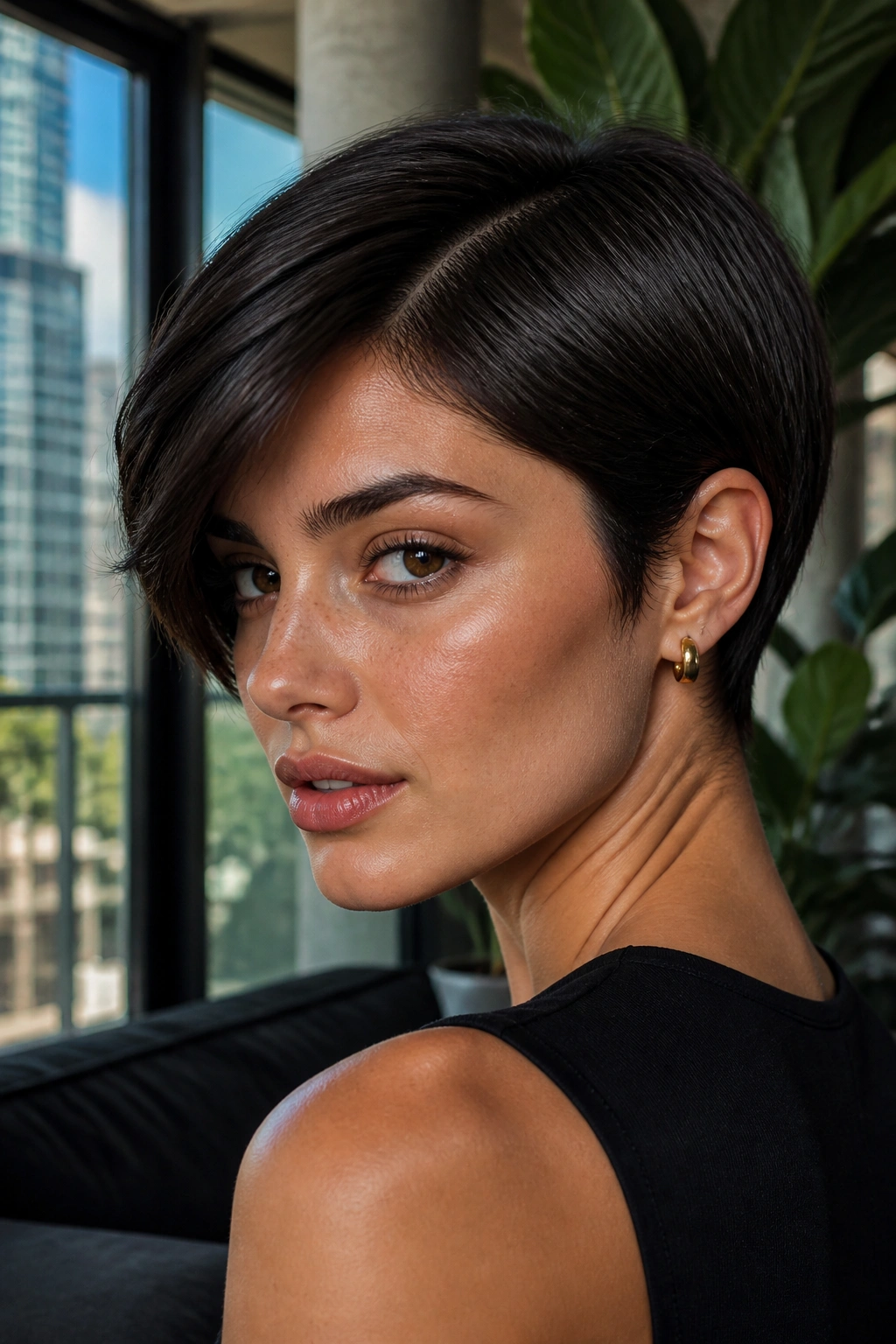 Close-up of a real woman with an espresso sleek crop.