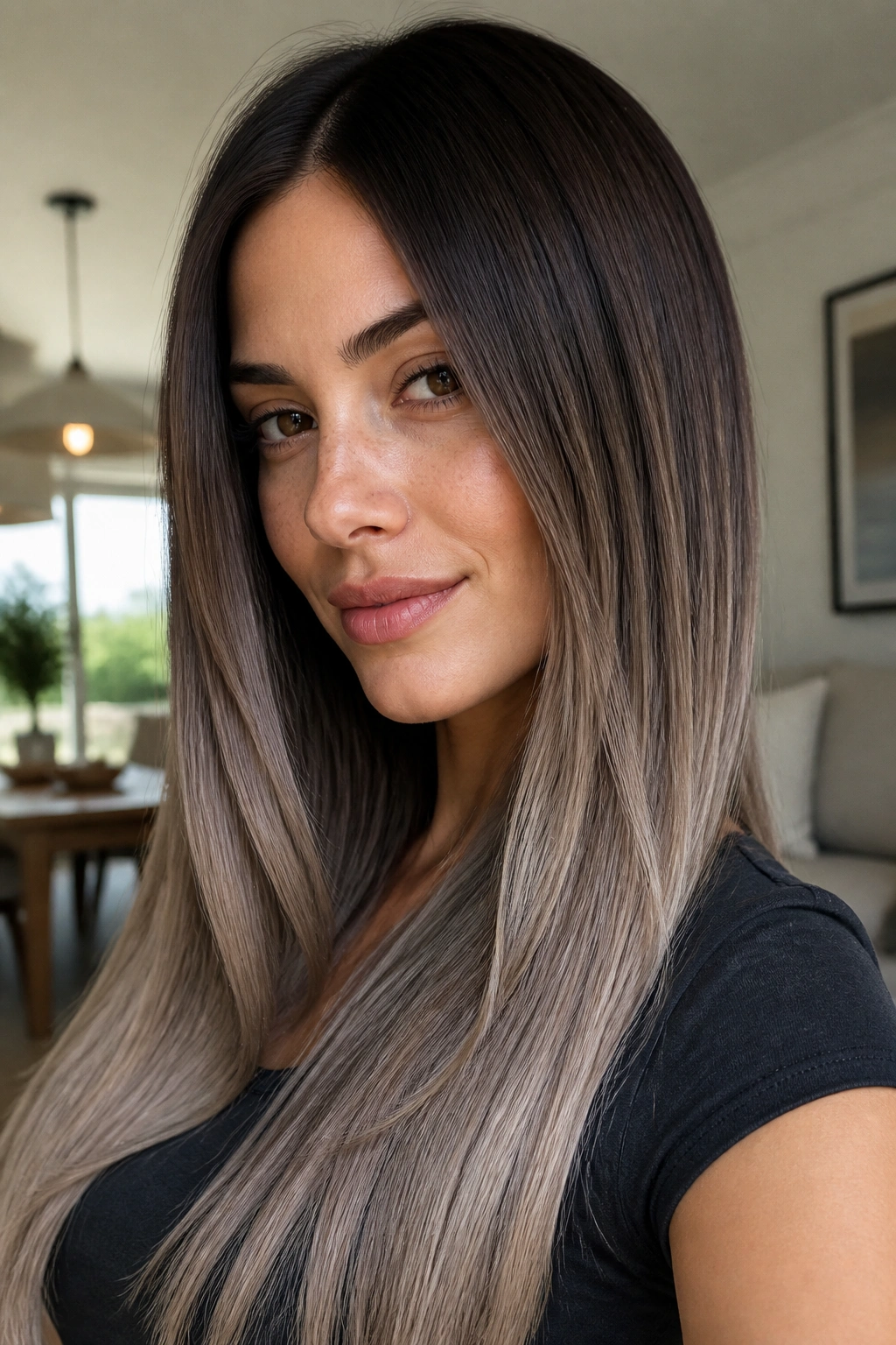 Close-up of a real woman with Espresso to Smoky Taupe Melt on straight hair.