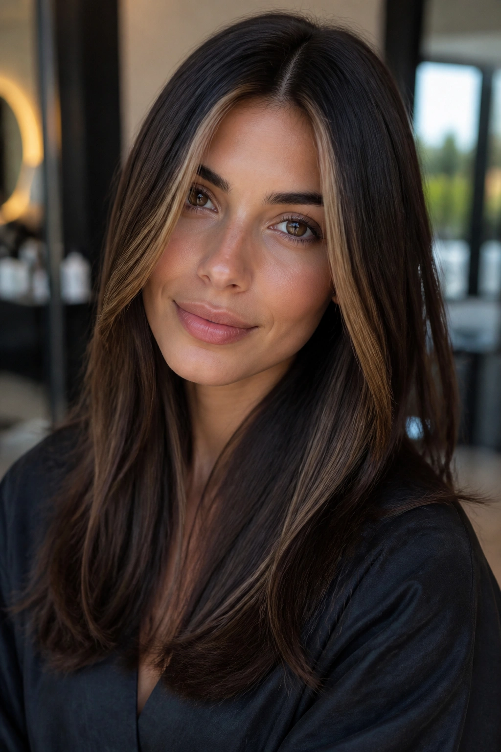 Brunette with a narrow espresso money piece framing the face