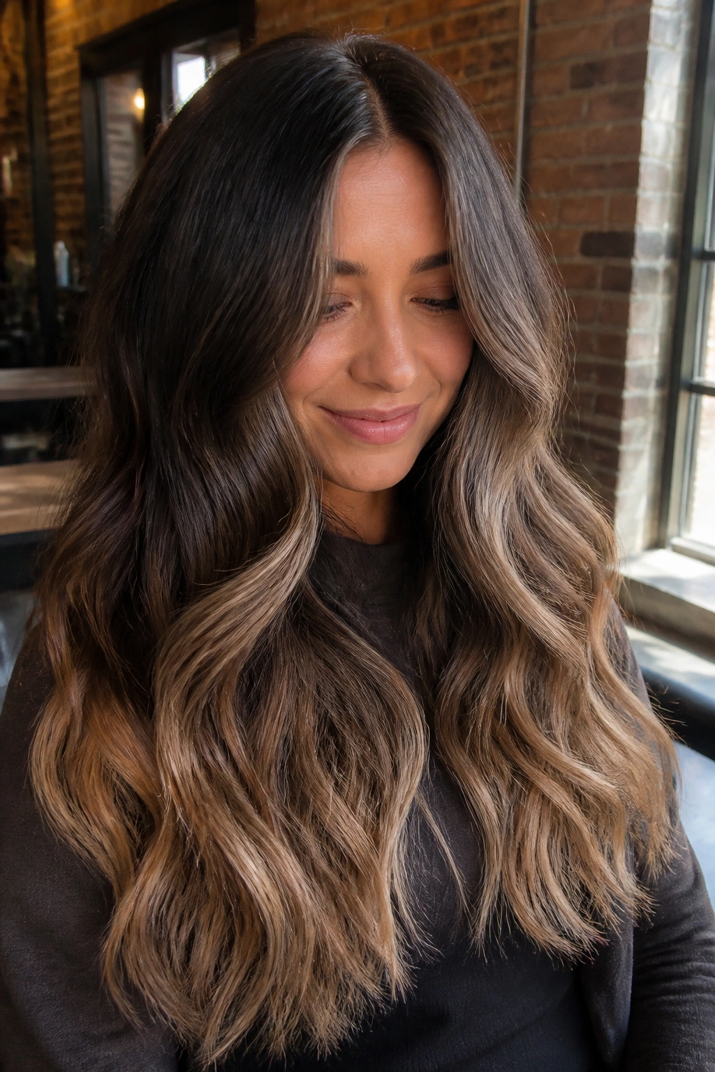 Real woman with espresso toffee ombre hair in warm salon setting