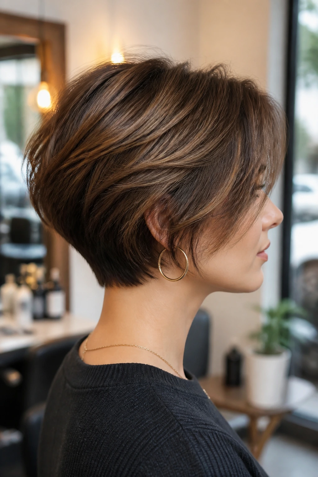 Profile view showing hidden espresso underlayers at the nape