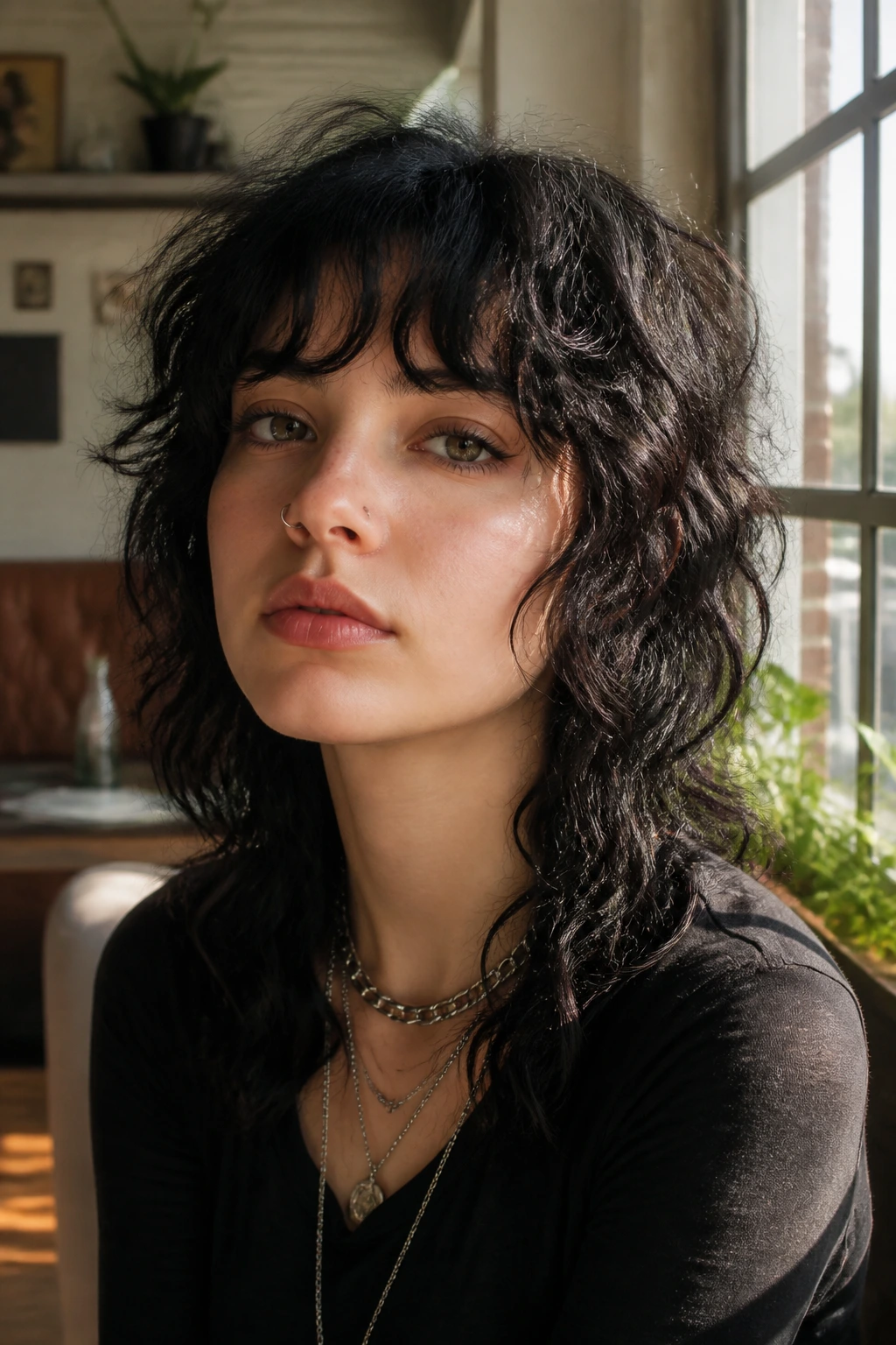 Real person wearing everyday curly emo wolf cut in a sunlit living space