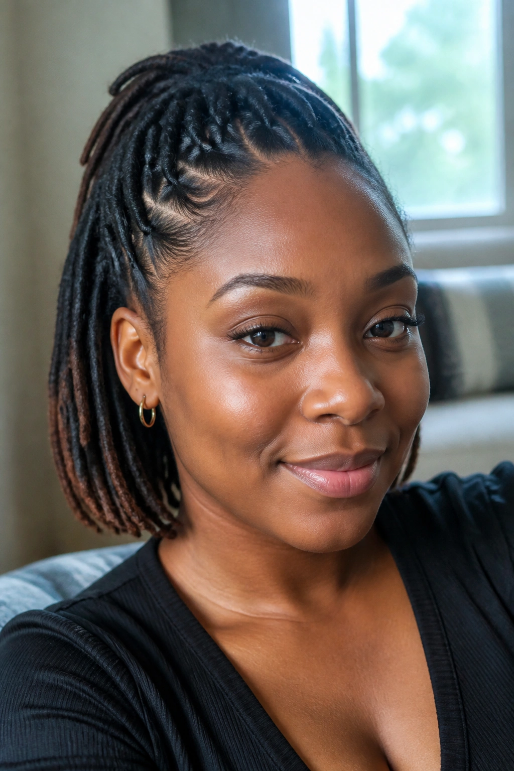Close-up of a real person with an everyday half up loc tuck, ends tucked under in soft daylight