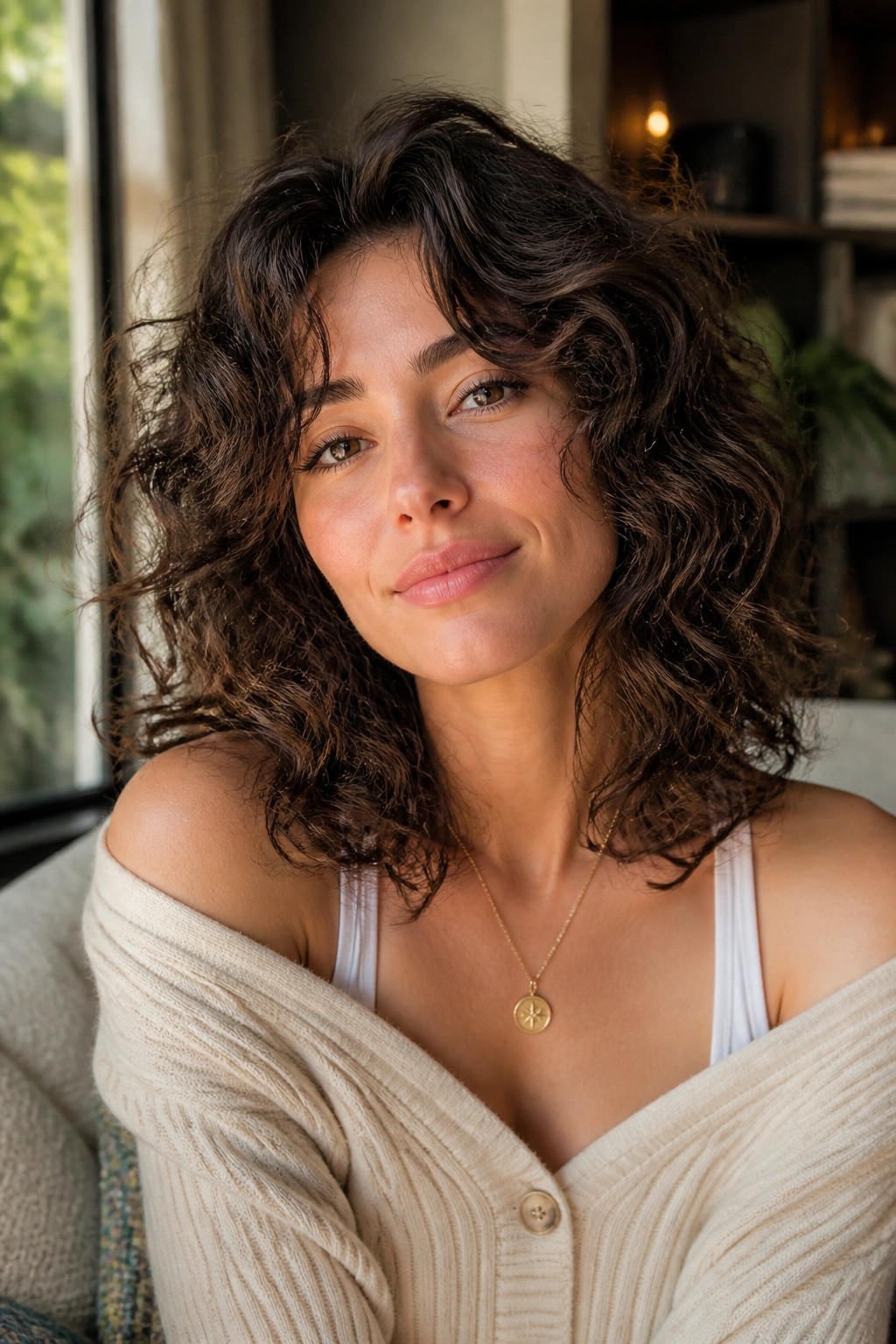 Close-up portrait of a real person with everyday soft curly shag at collarbone length.