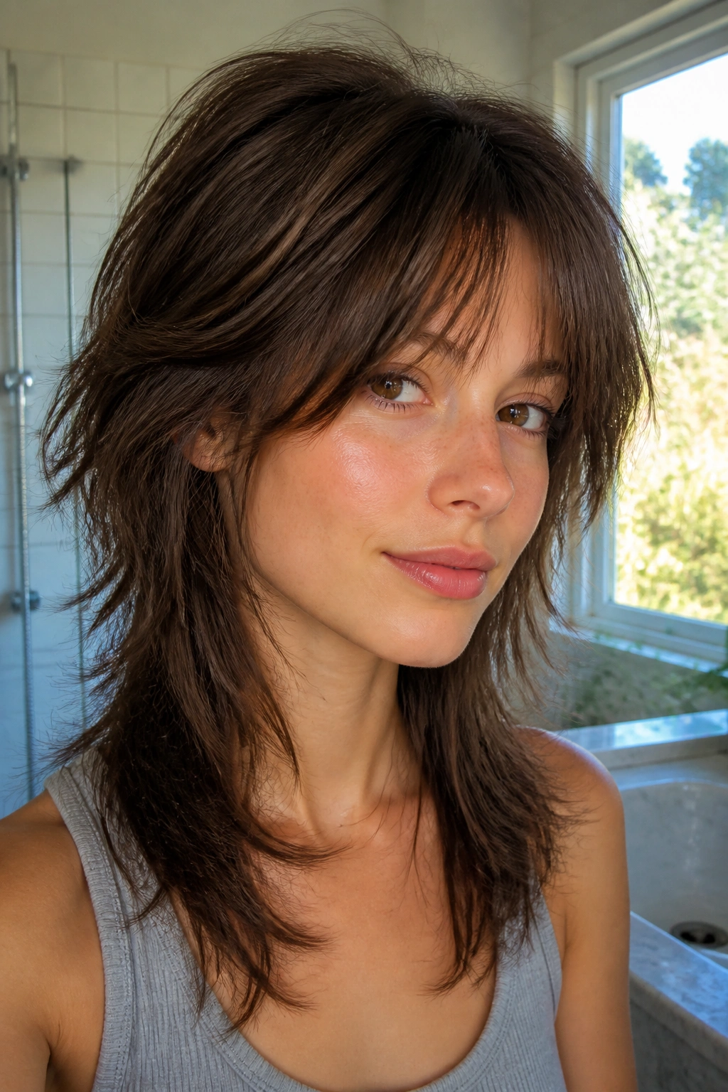 Close-up portrait of a real person with an Everyday Wolf Cut That Grows Out Well in morning light