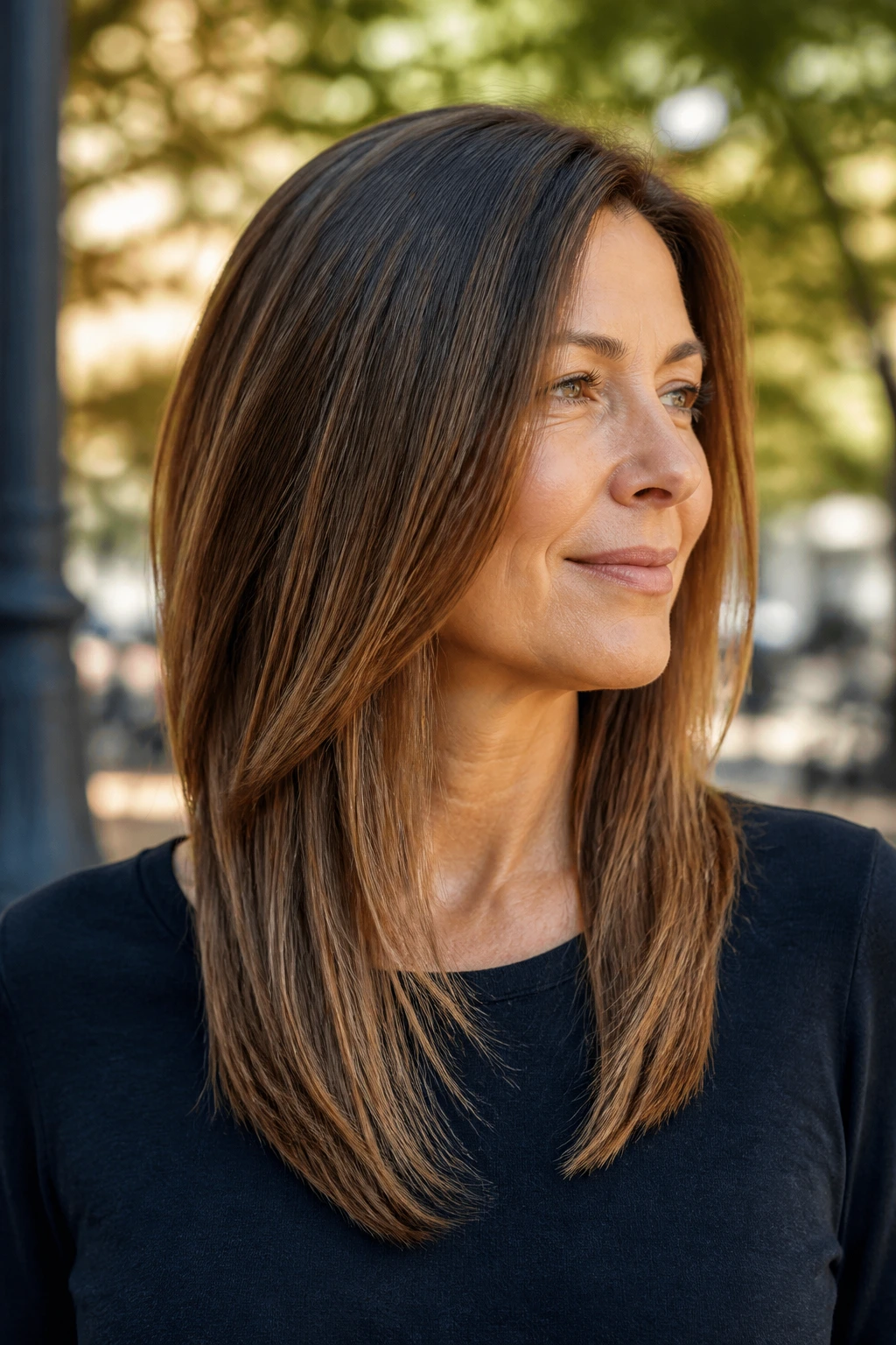 Close-up of a real woman with extended A-line cut.