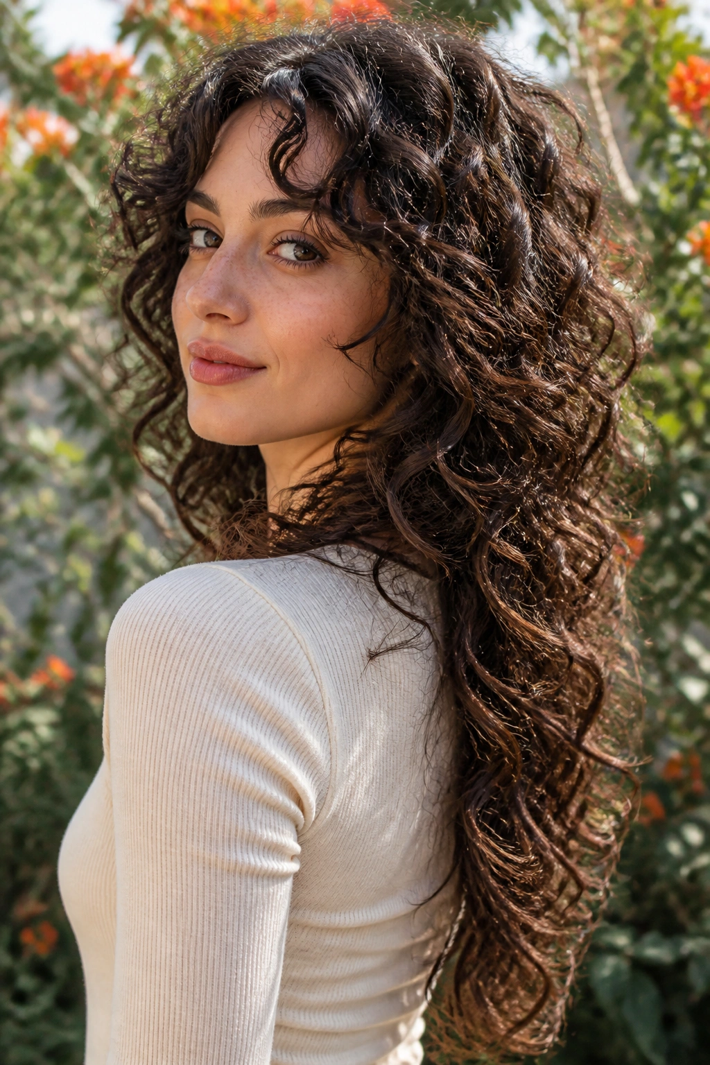 Close-up of a real woman with extended curly shag for long thick curls in an outdoor garden