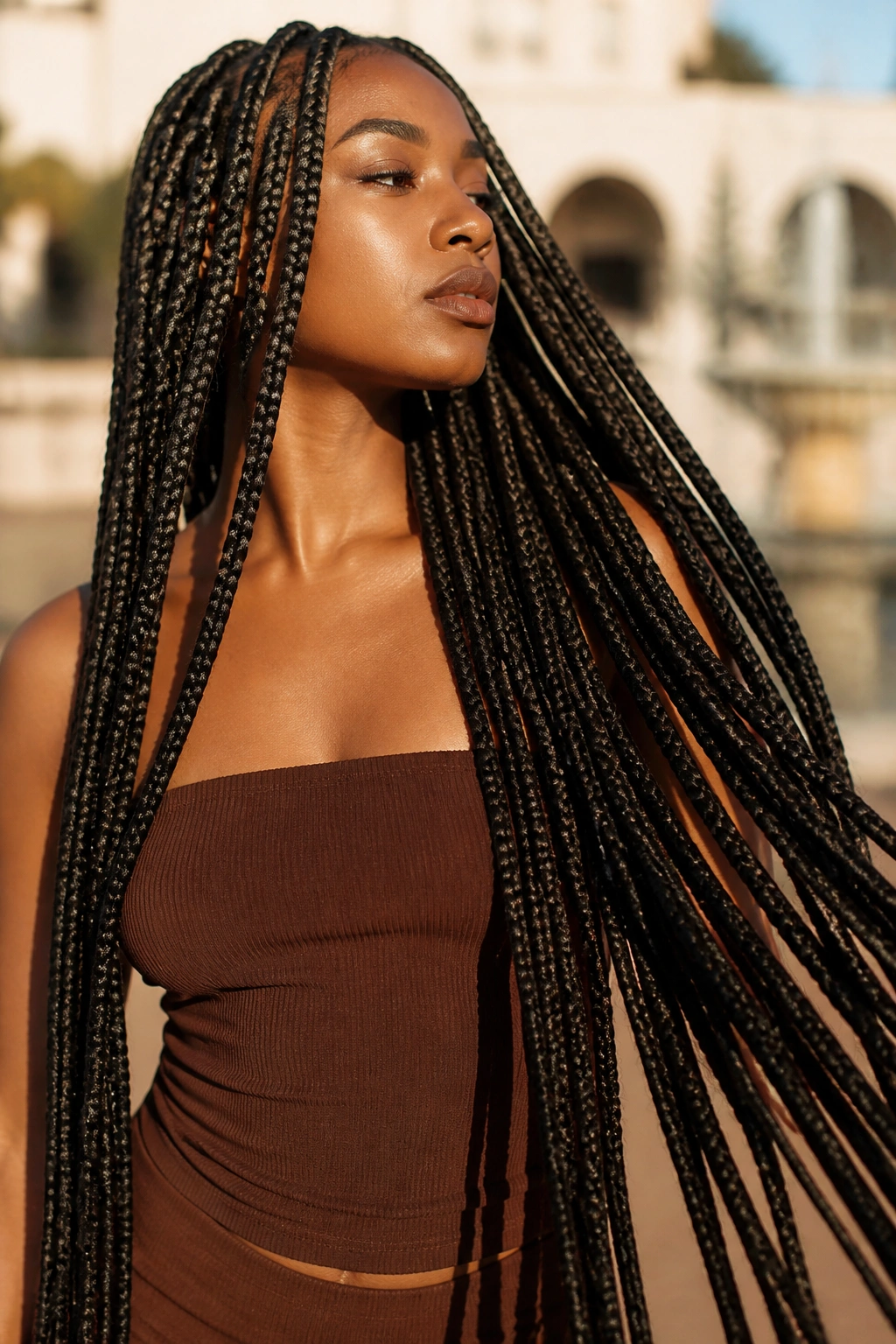 Close-up of real woman with extra-long box braids in dramatic outdoor light