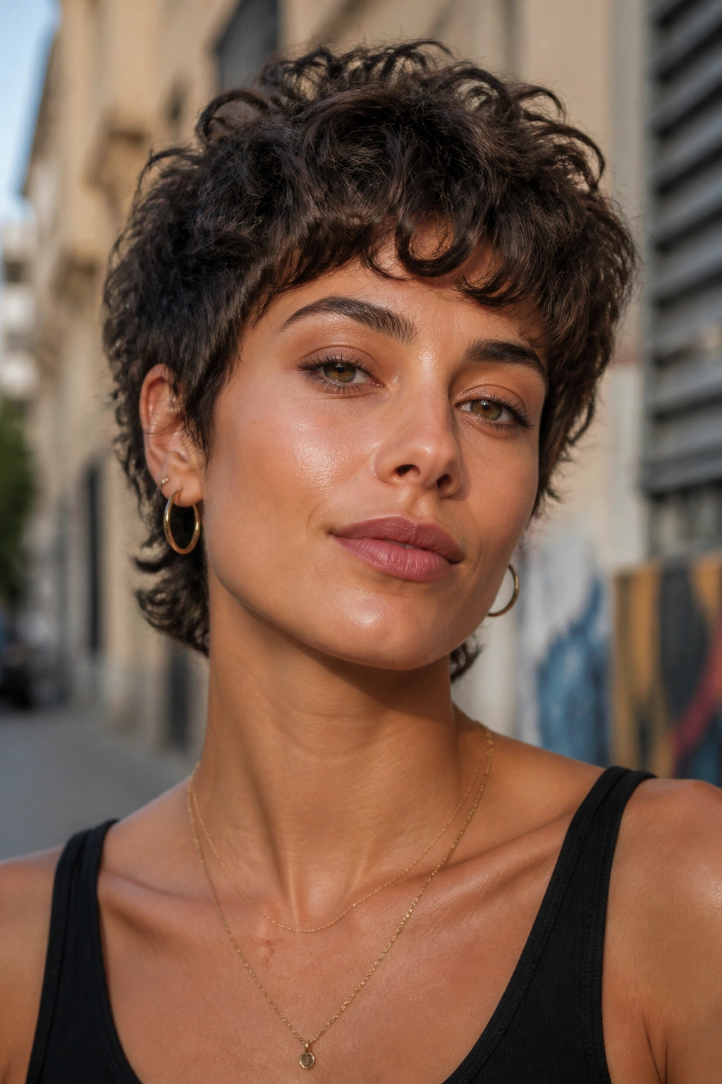 Close-up portrait of a woman with an extra-short curly wolf cut