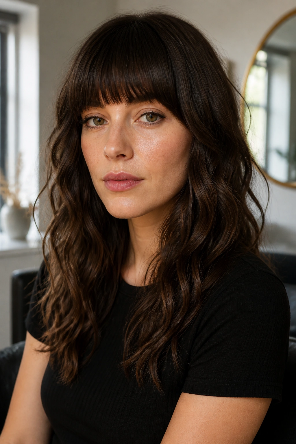 Close-up of a real woman with eyebrow-grazing blunt bangs in a bright interior.