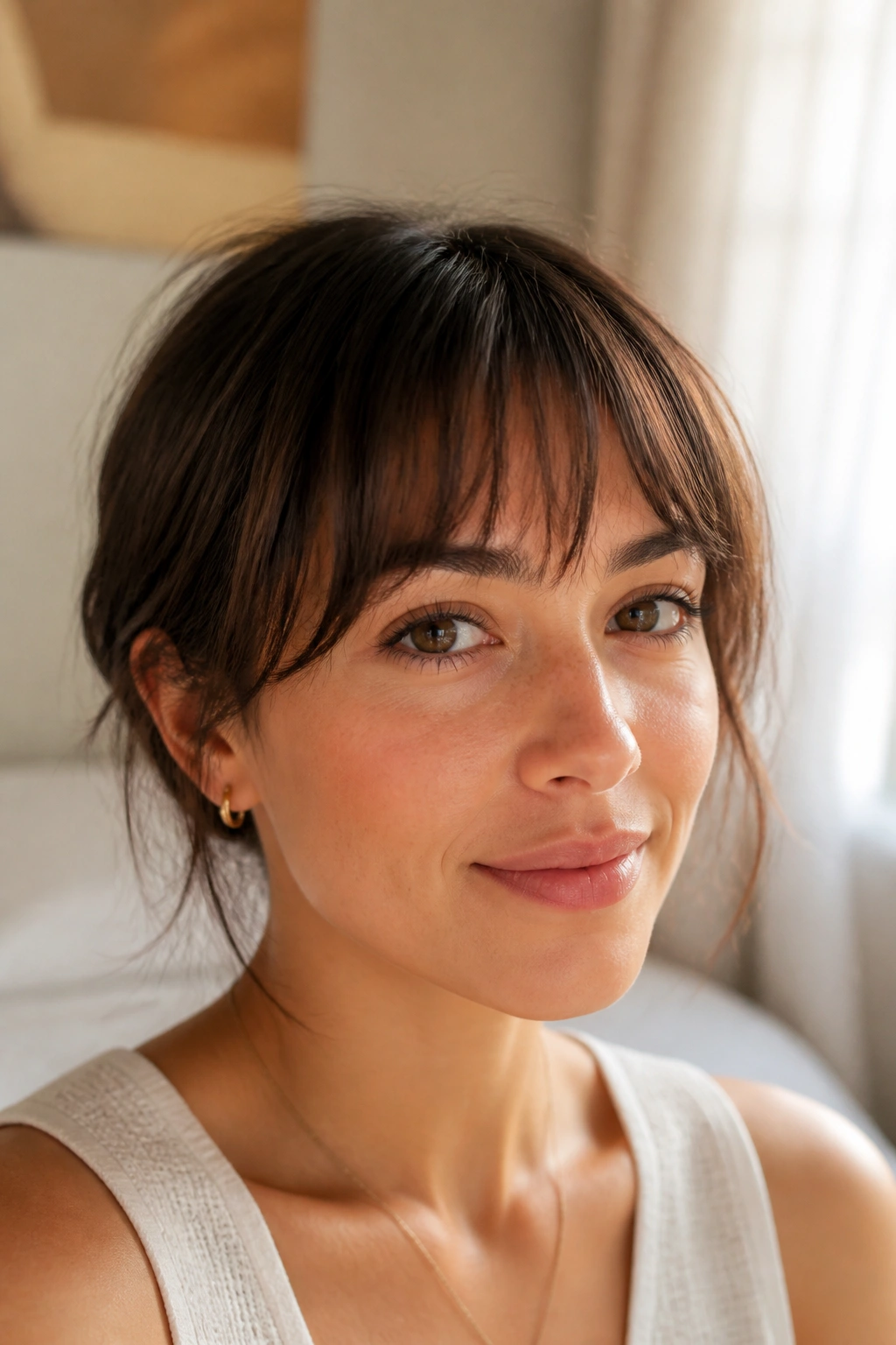 Close-up of a real woman with eyebrow-grazing wispy fringe under diffused natural light