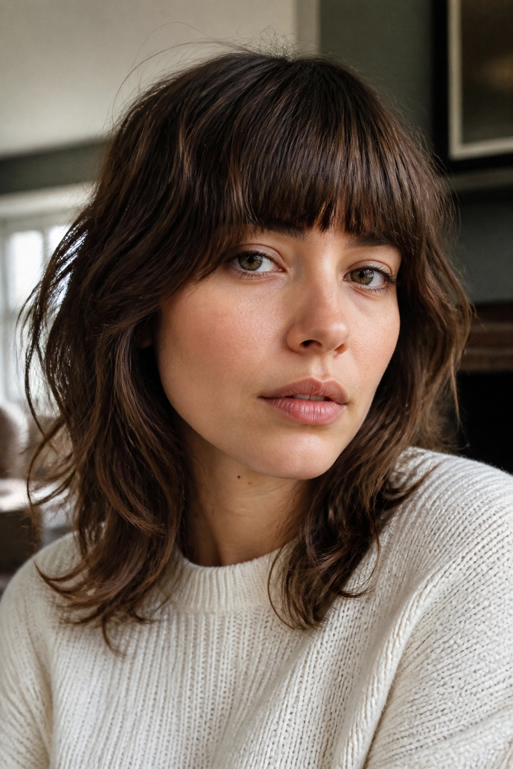 Real woman with eyebrow-skimming shag and blunt bangs, portrait in natural soft light.