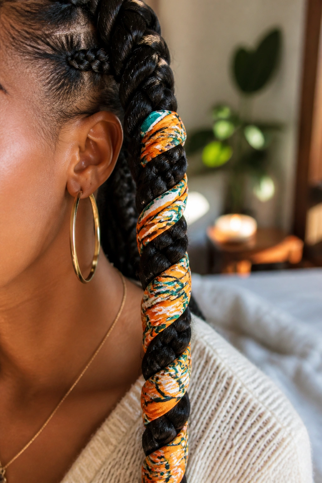 Close-up of a thick braid wrapped with a fabric strip