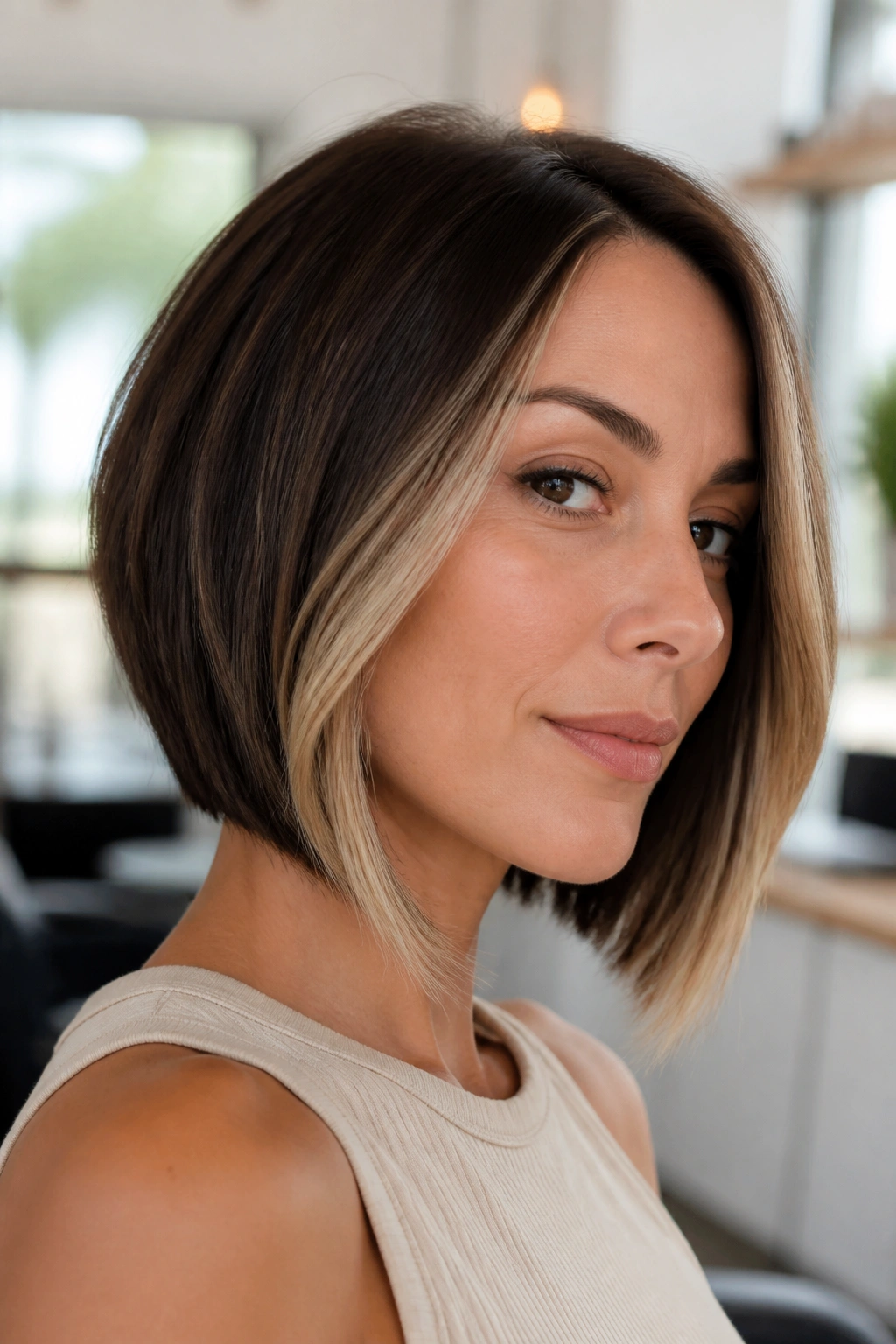 Real woman with highlighted face-frame angled bob showing brighter front pieces and deeper back tone