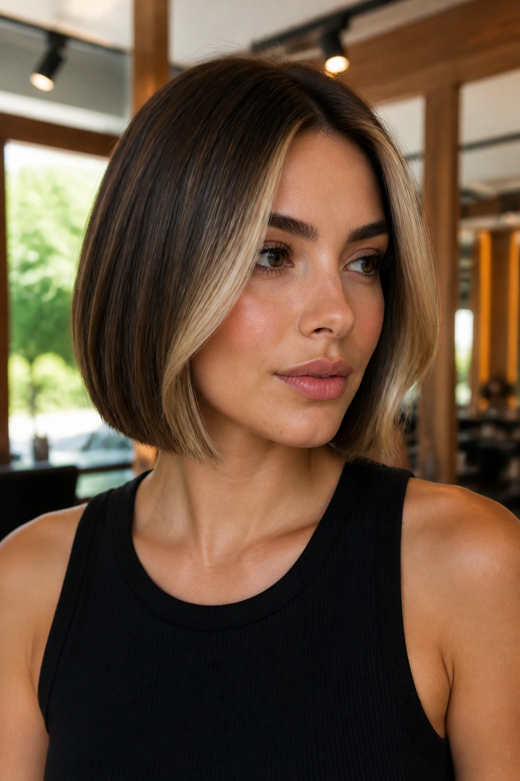 Close-up of a real woman with face-frame balayage on a blunt bob, front panels at cheekbone