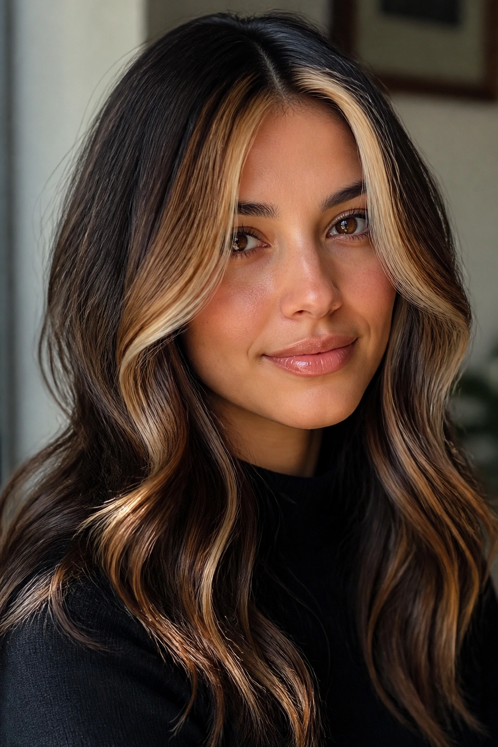 Close-up of a real woman with espresso, caramel, and cream face-frame highlights