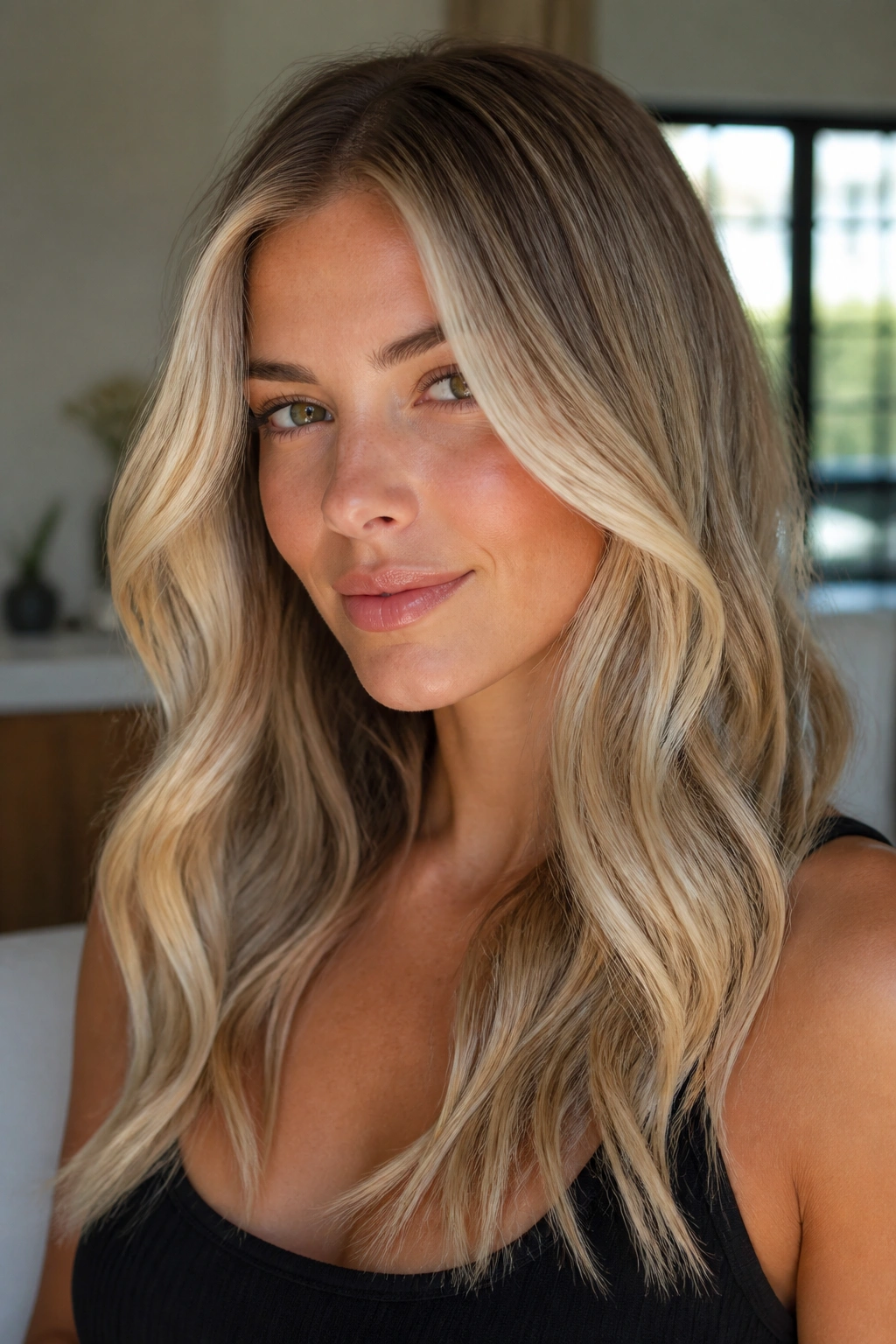 Portrait of a real woman showing a soft platinum face-framing around the hair