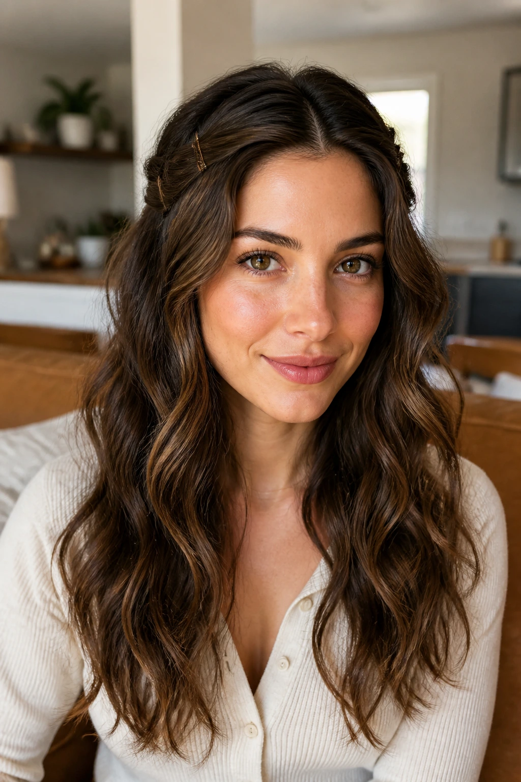 Close-up of a real woman with pinned-back face-frame waves