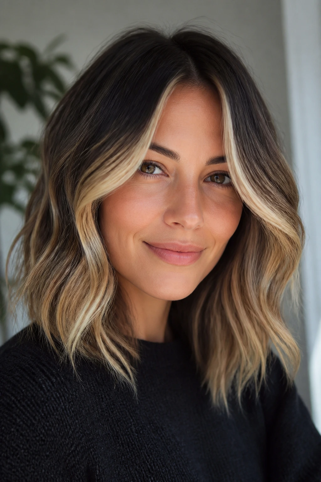 Close-up of a real person showing face-framing balayage and lived-in ends.