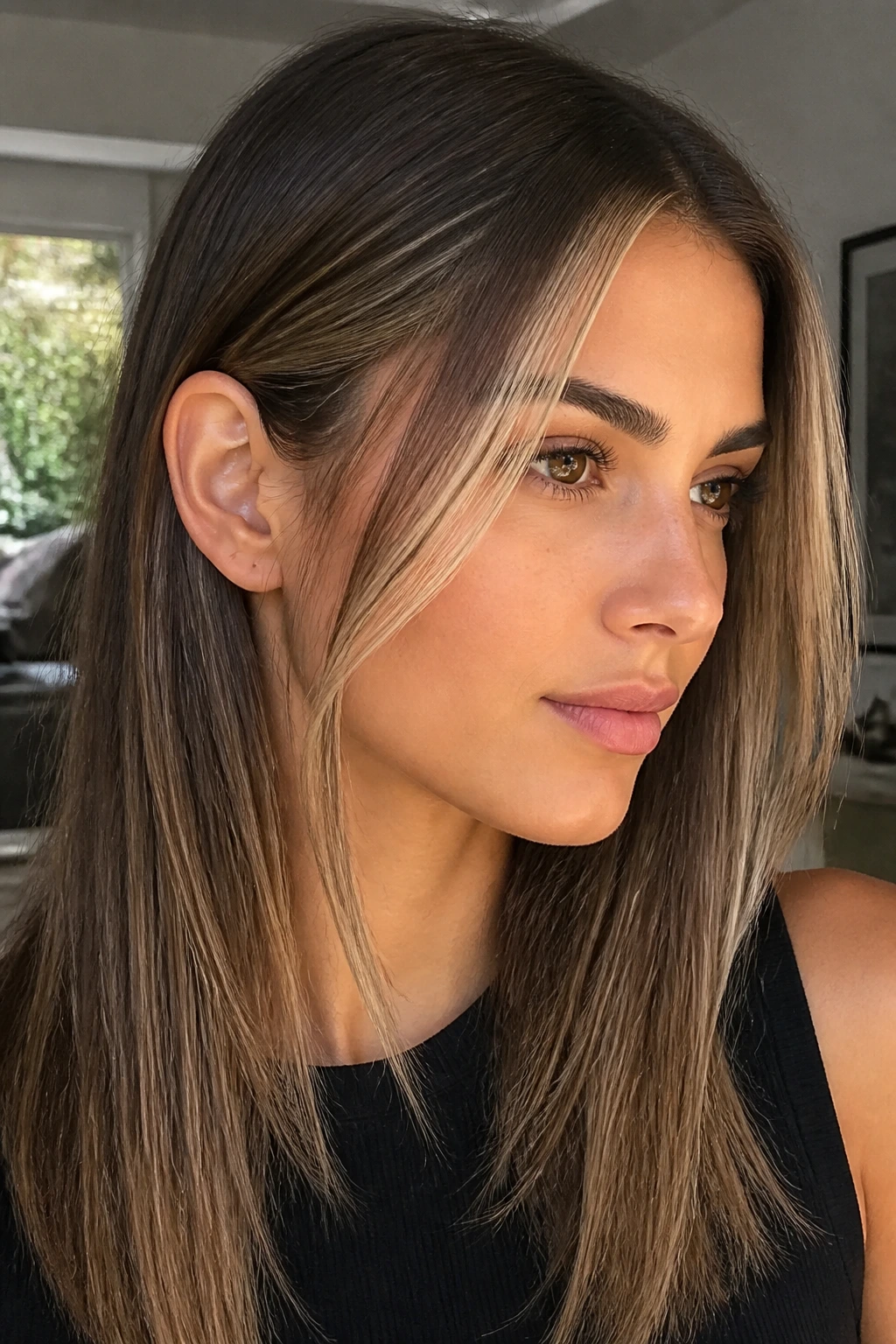 Real person with face-framing balayage on straight hair, soft ribbons near temple