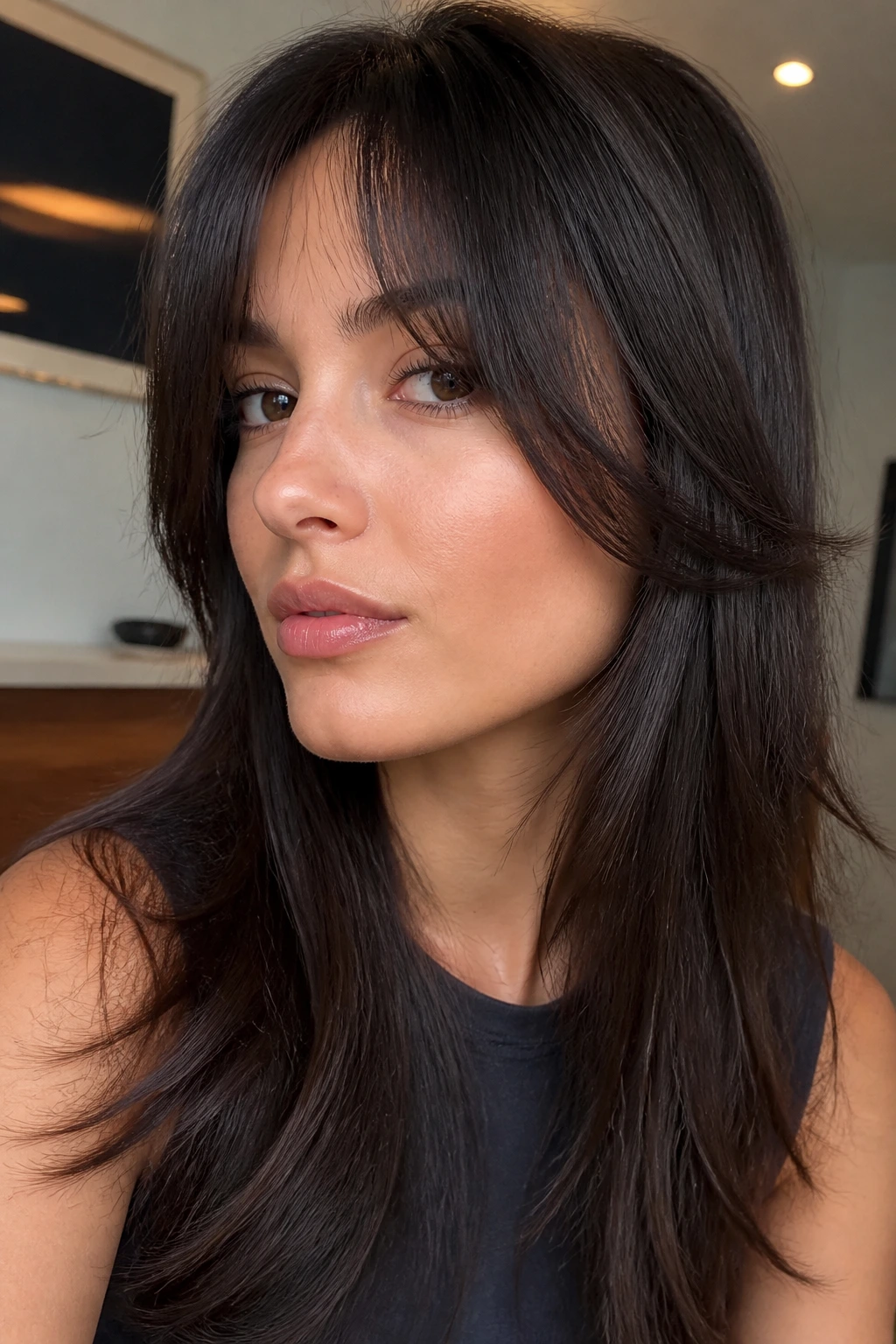 Close-up of a real woman with cheekbone-starting face-framing bangs on straight hair