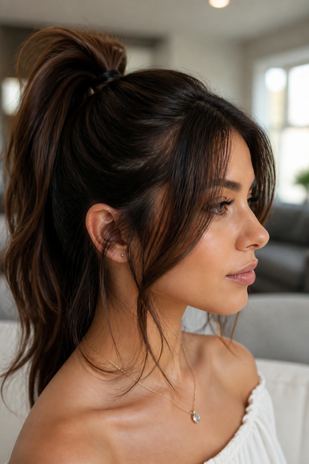 Profile portrait of a real woman with face-framing bangs and a high ponytail