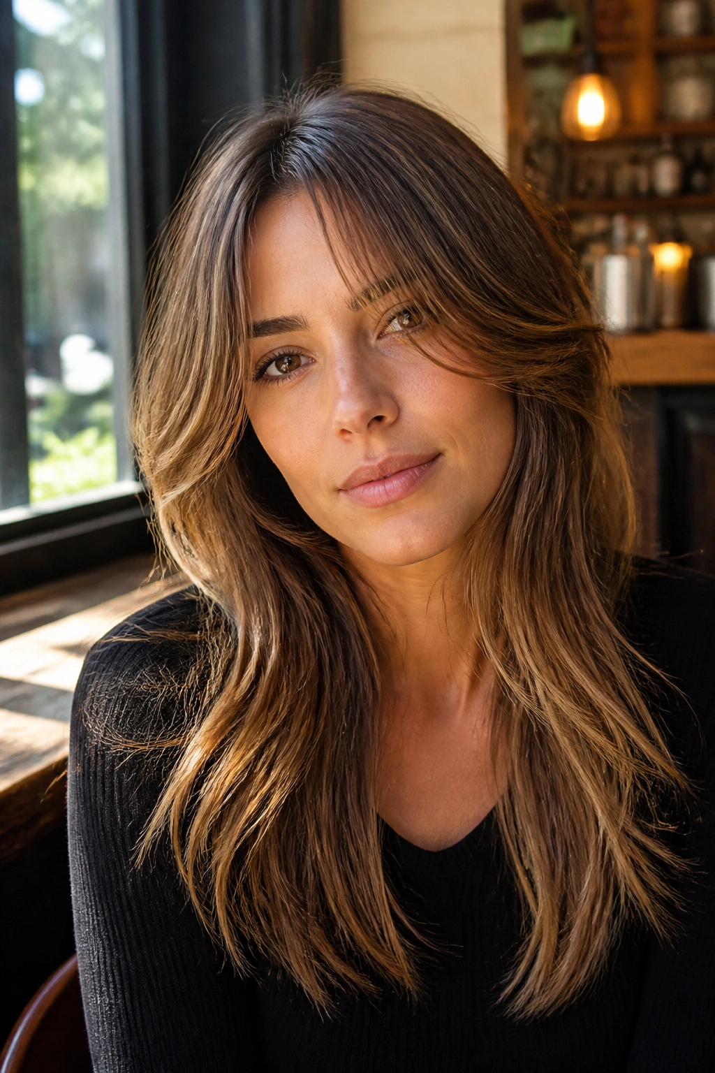 Close-up of a real woman with face-framing bangs blending into layered hair