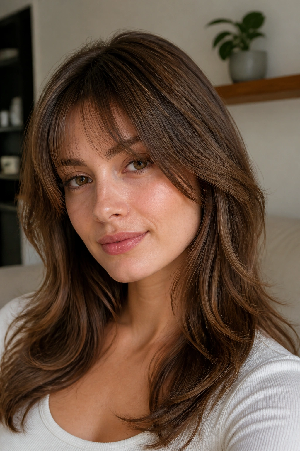 Portrait of a person with feathered bangs blending into layered hair.