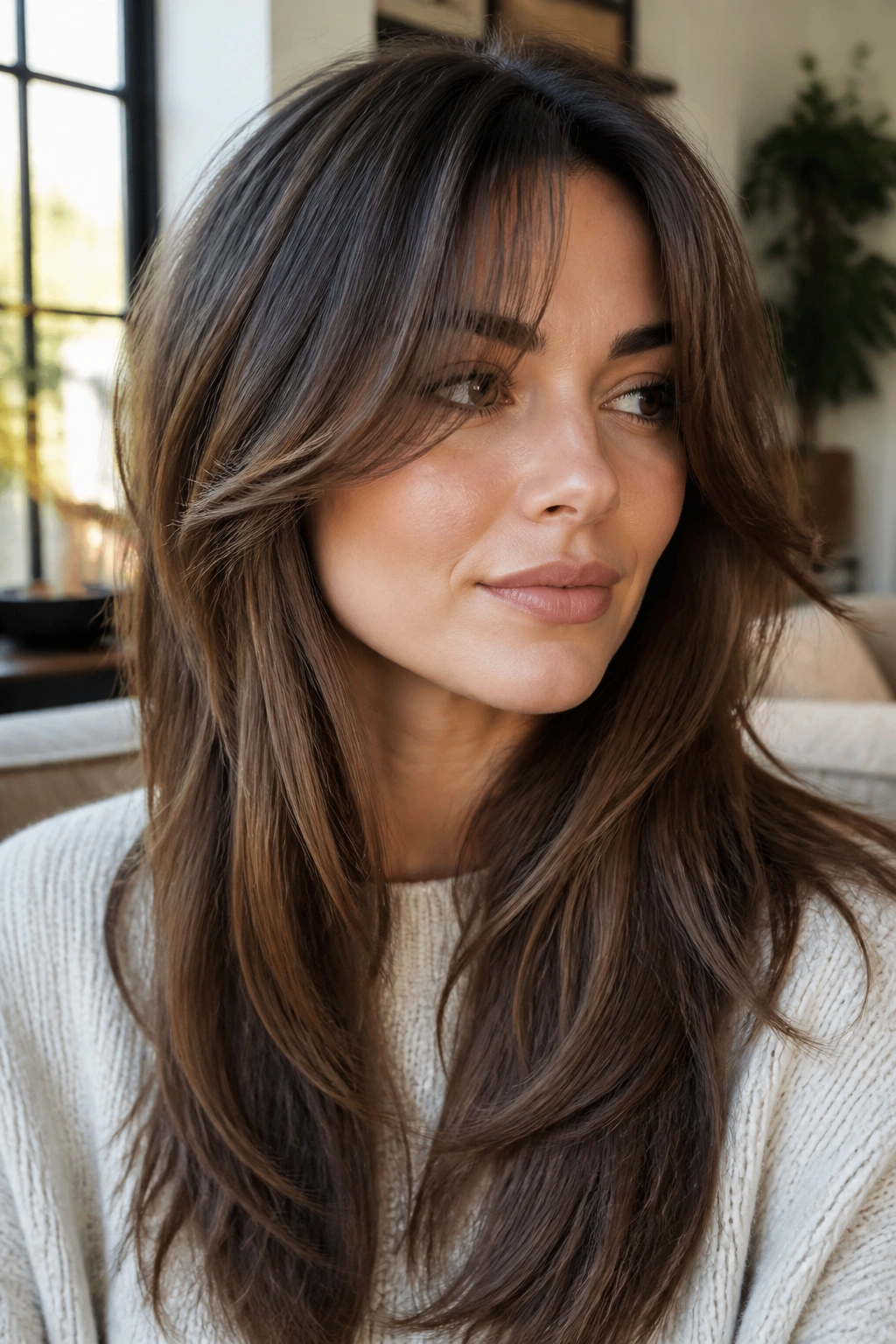 Real woman with face-framing bangs blended into long layers in soft indoor light