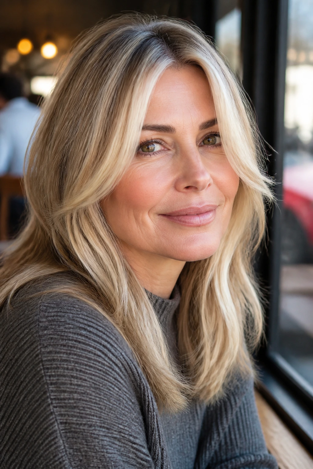 Close-up of a real woman with cream blonde face-framing highlights around the face