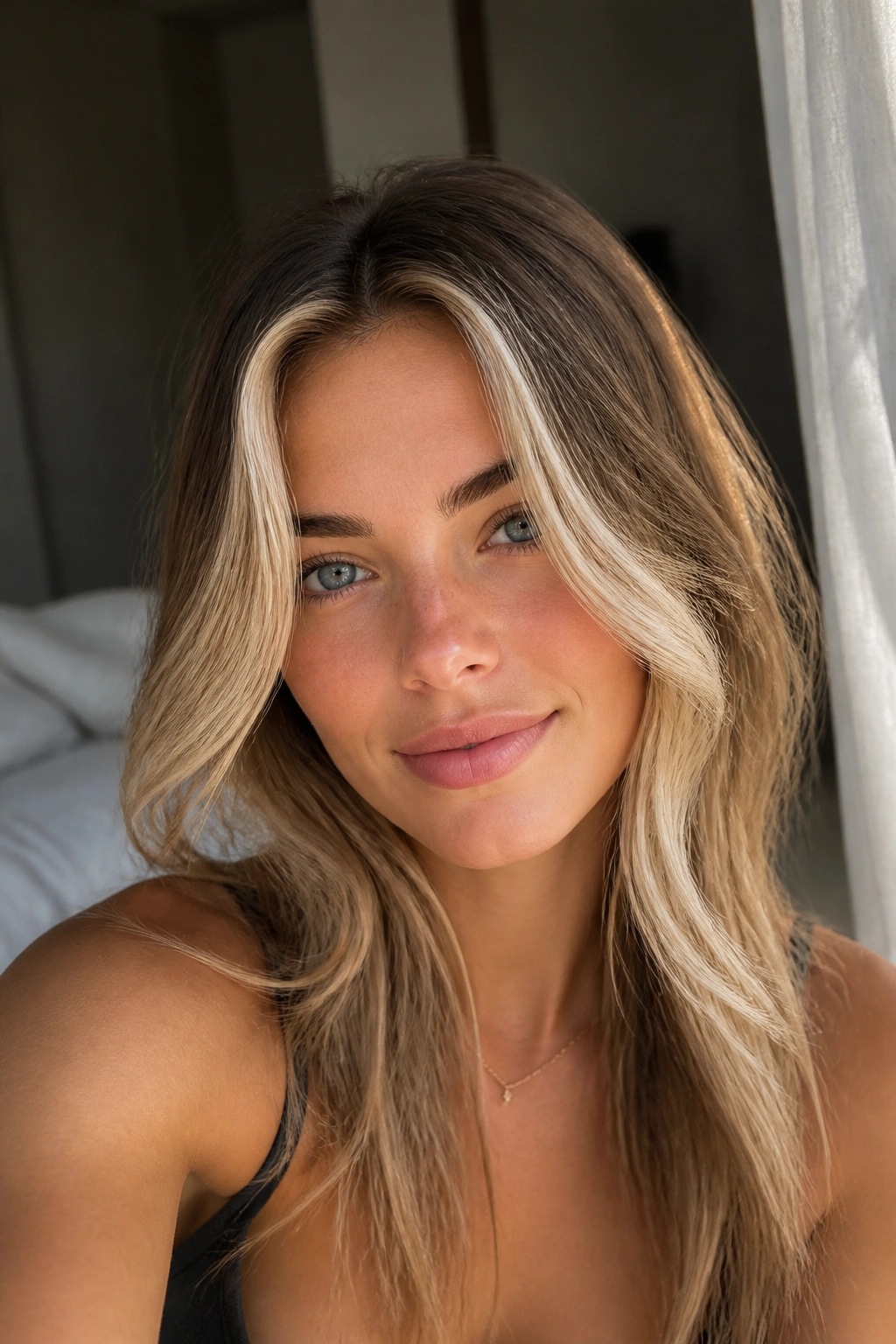 Close-up portrait of a real woman with face-framing blonde highlights around the cheeks
