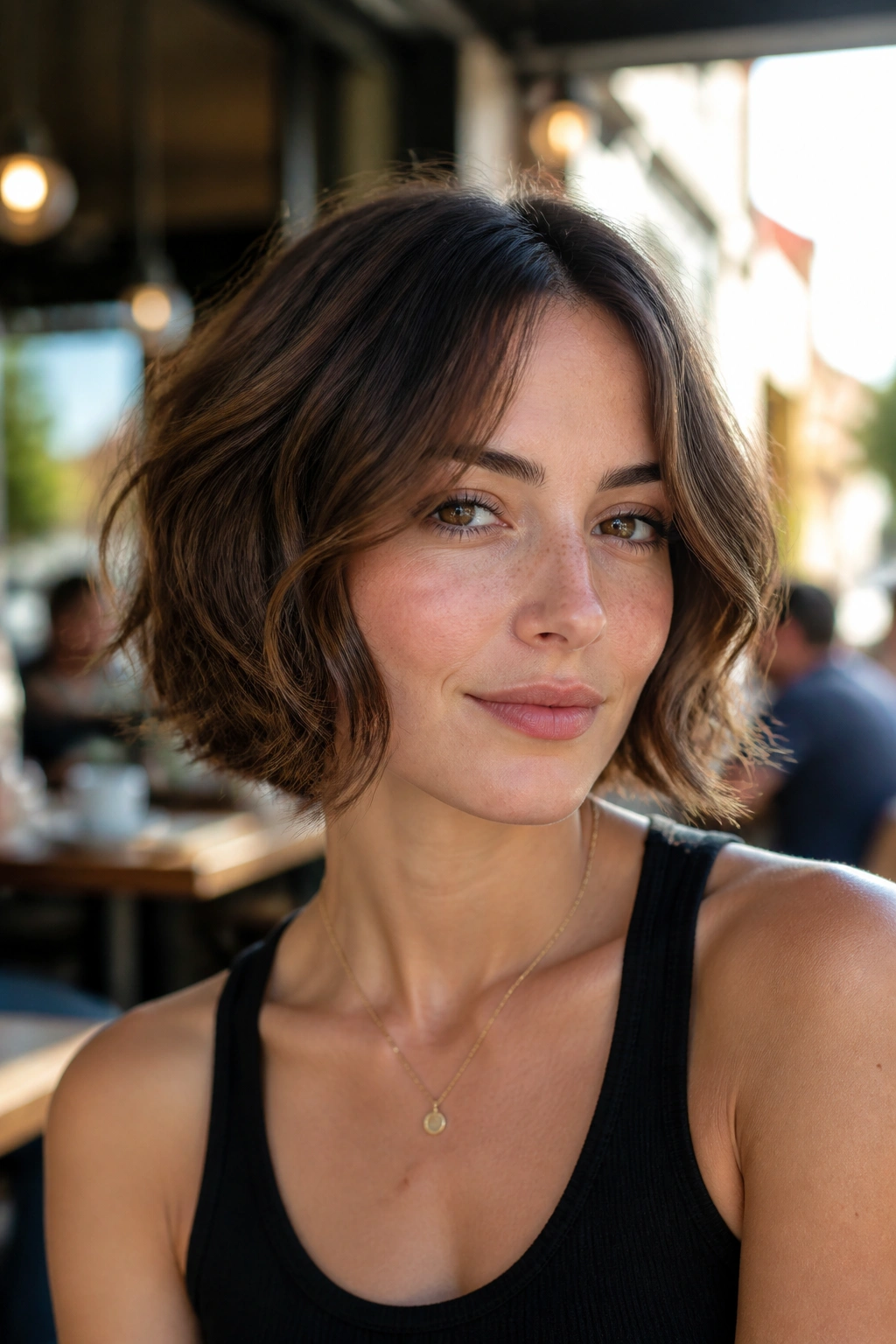 Real woman with face-framing bob and cheekbone layers in sunlit cafe