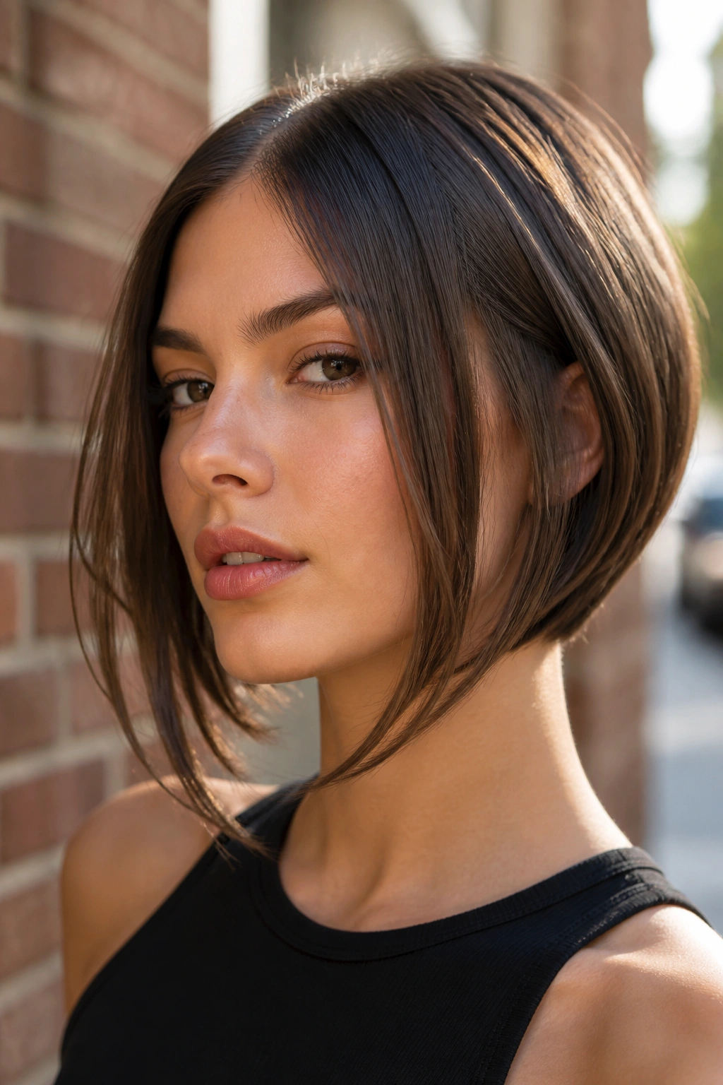 Close-up portrait of a real person with a bob featuring long face-framing pieces.