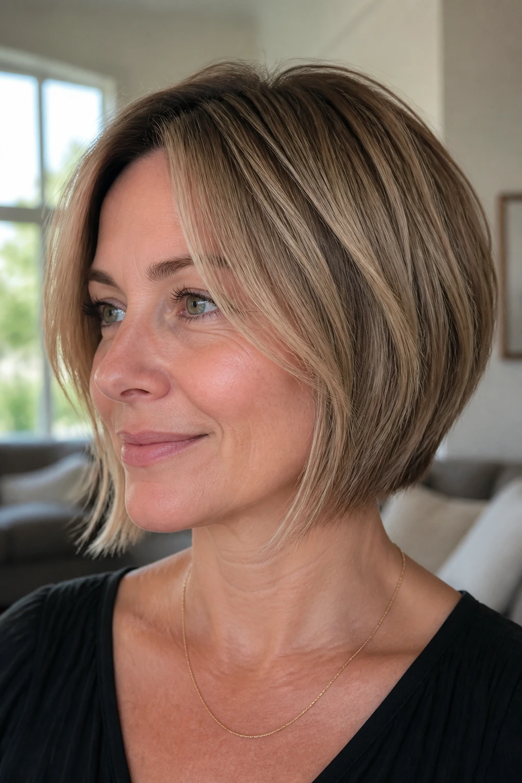 Close-up of a woman with a face-framing stacked bob highlighting cheekbone-length front pieces