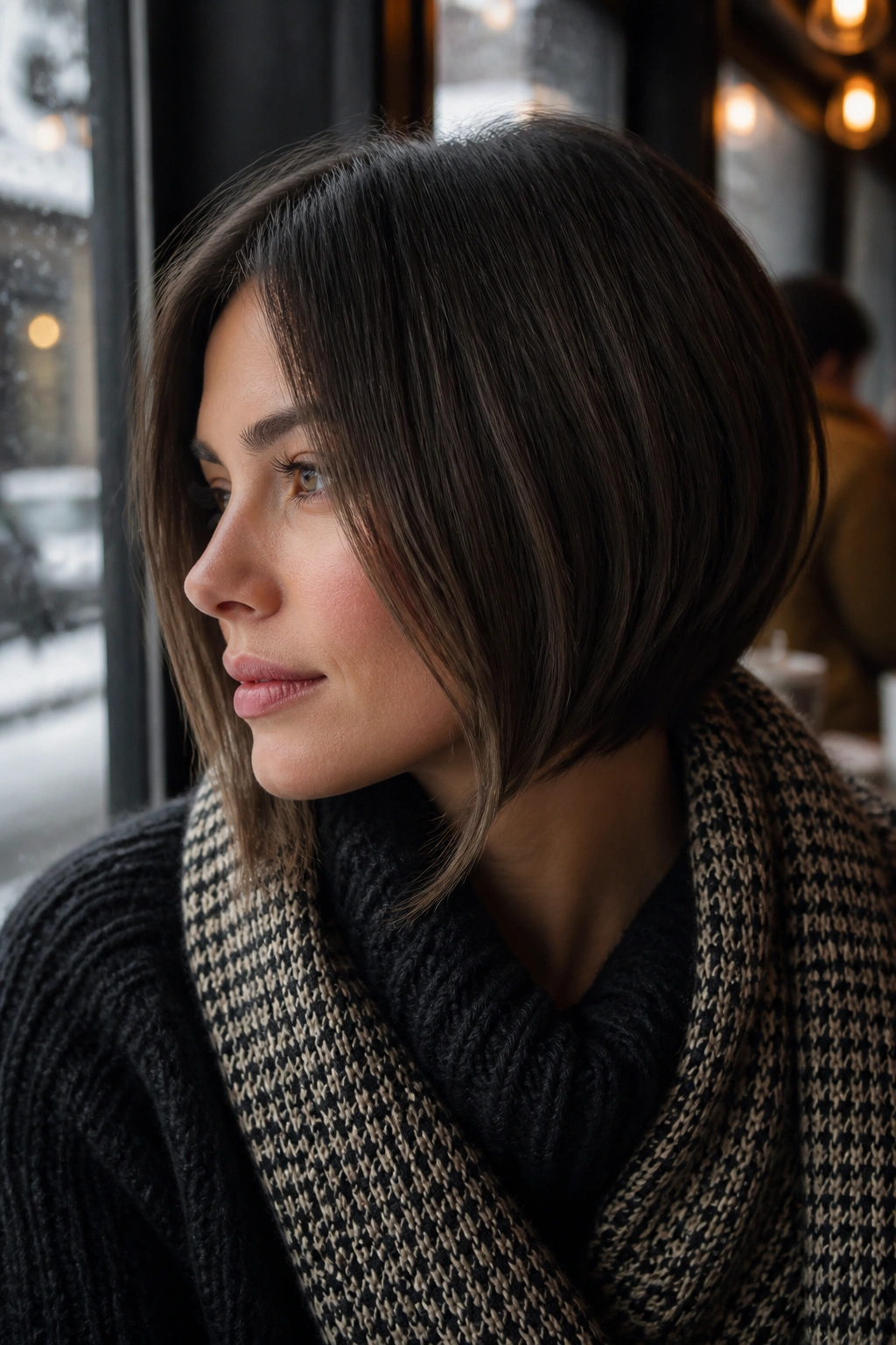 Close-up of a real woman with a face-framing angled bob in winter fashion