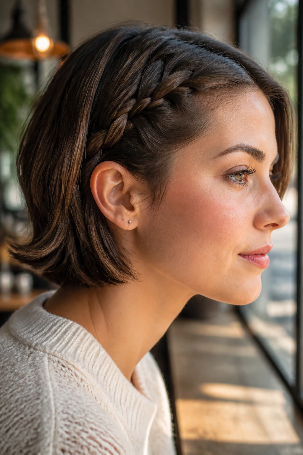 Portrait of a real person with a small braid along the hairline pinned behind the ear