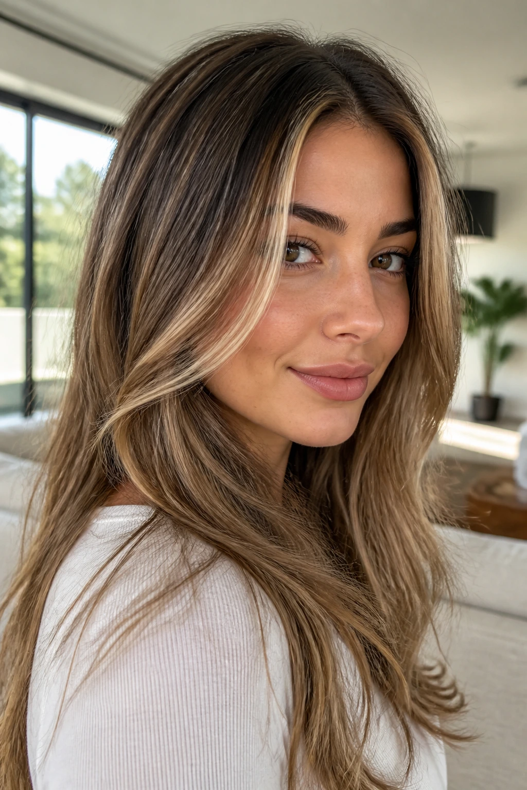 Close-up of a real woman with bright front pieces in face-framing layers