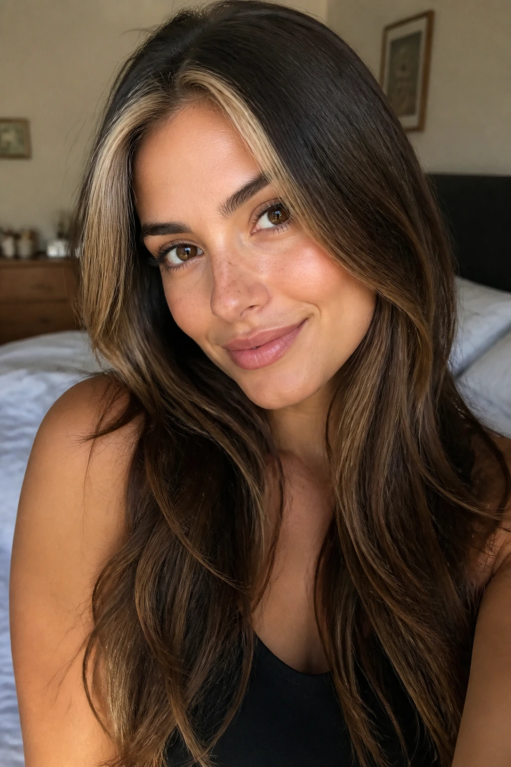Close-up of brunette with face-framing brightness around the hairline, highlighting the face