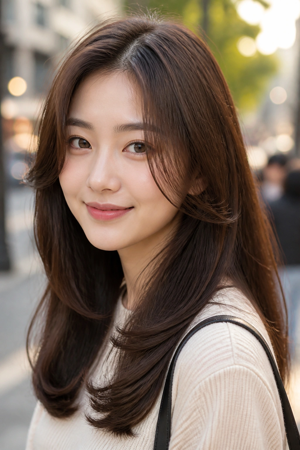 Close-up of a real woman with face-framing inward-curved layers in outdoor warm light