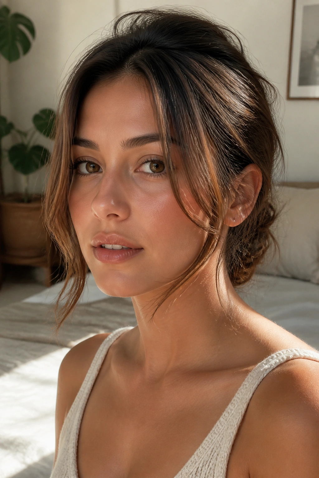 Close-up of a real woman with cheekbone-framing front layers