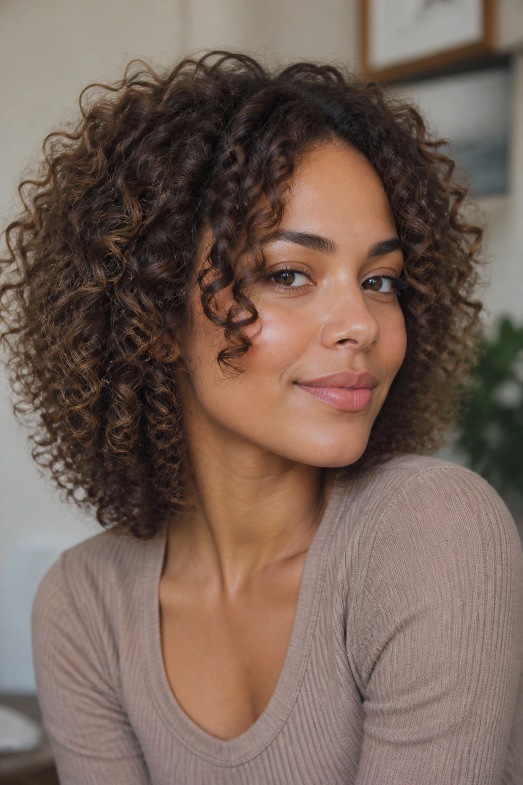 Close-up of a real woman with cheekbone-length face-framing curls and cheekbone grazing layers
