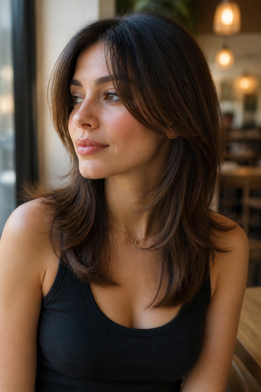 Close-up portrait showing cheekbone-level face-framing layers.