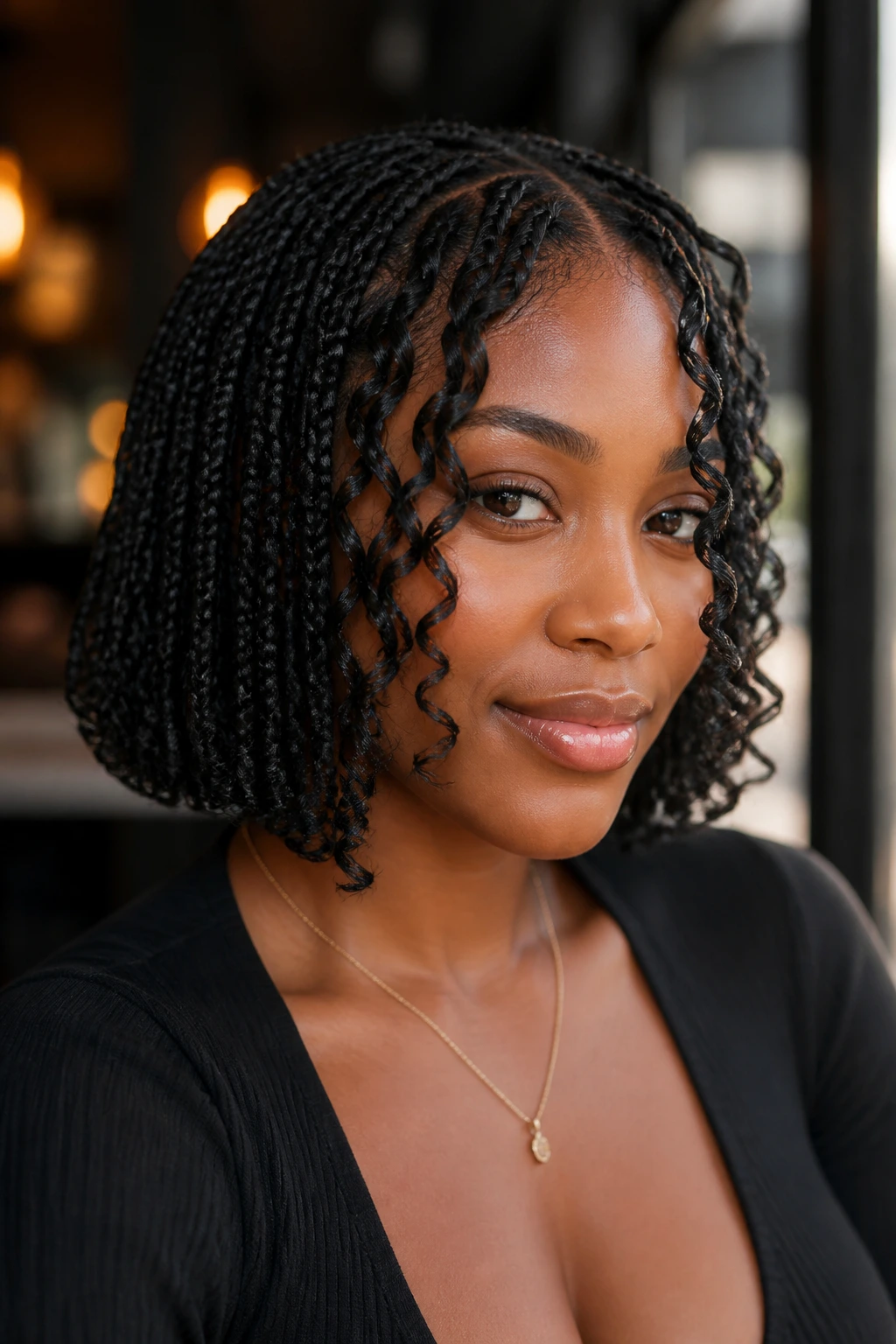 Close-up of a real woman with front curled braids framing her face in a bob