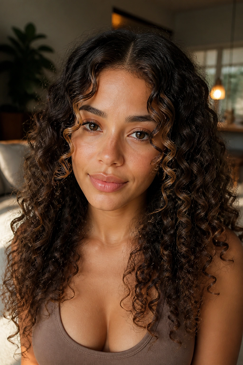 Close-up portrait of a real woman with center-parted face-framing spiral curls
