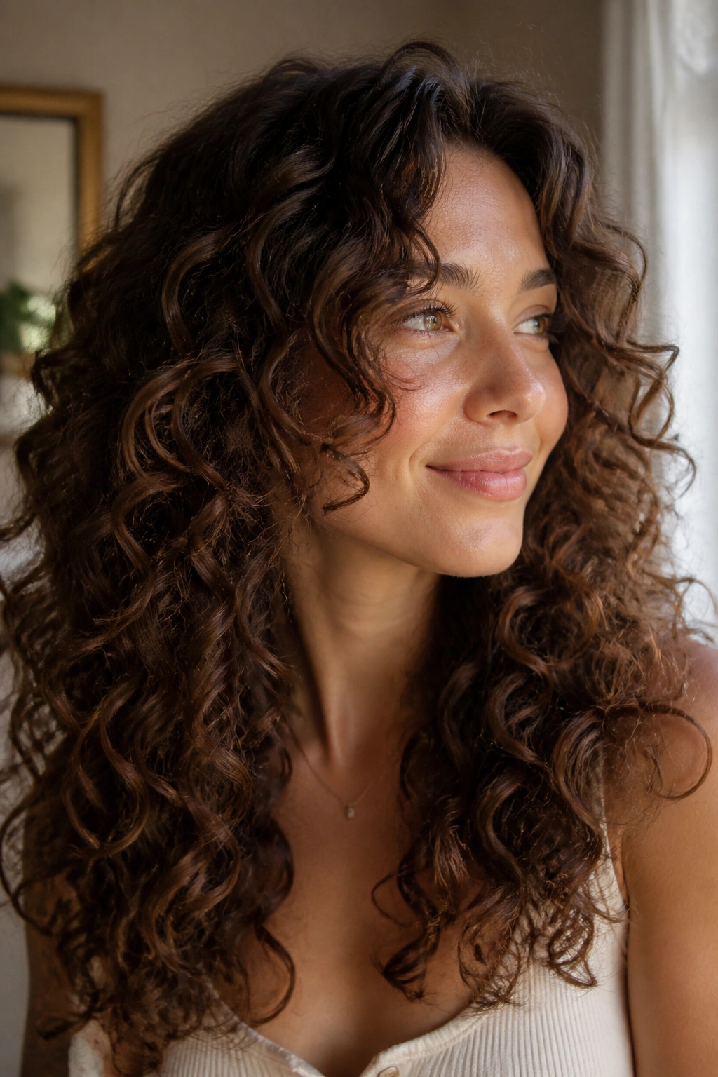 Close-up of a real woman with cheekbone-starting soft face-framing curls