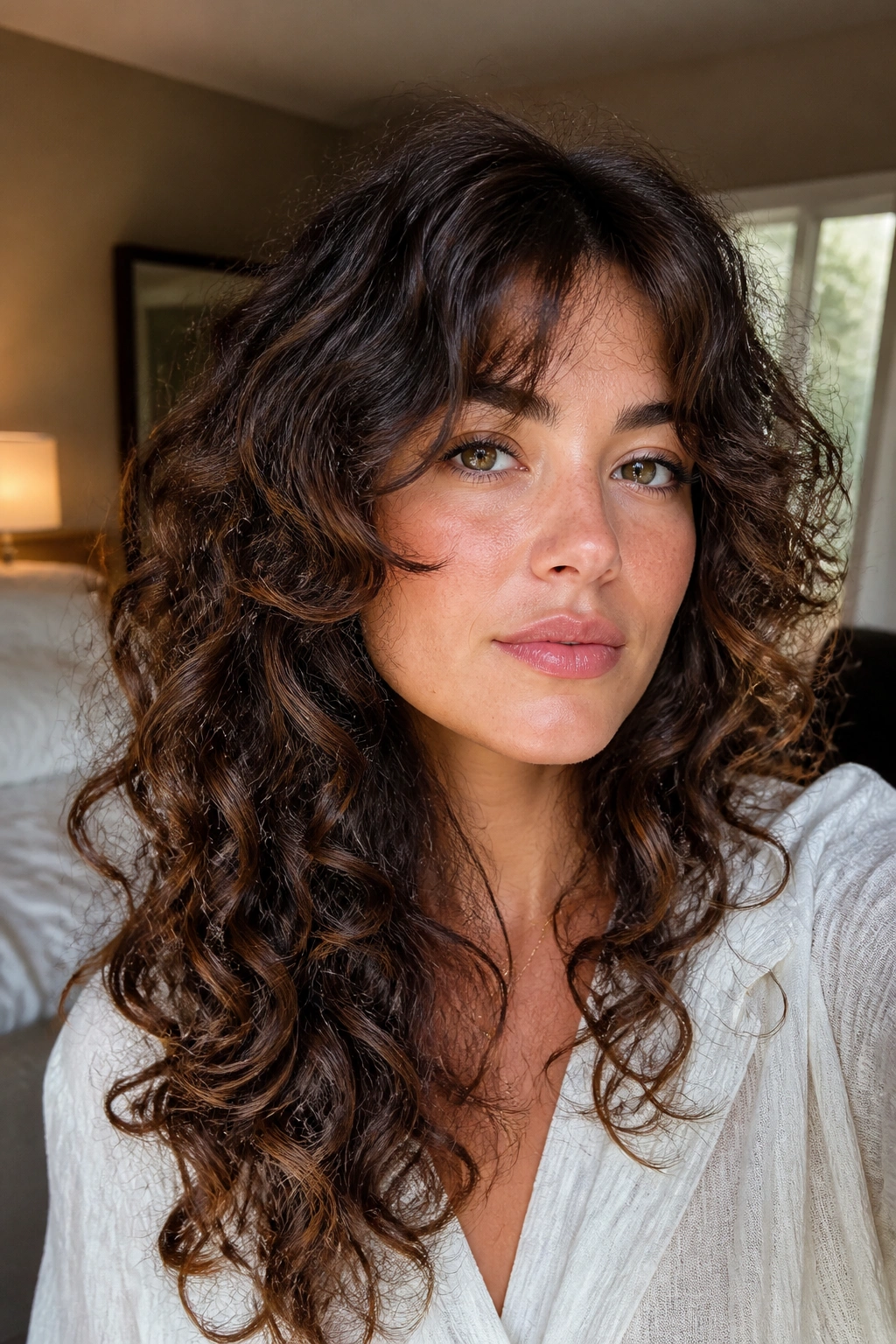 Close-up portrait of a real woman with cheekbone starting face-framing curls in a cozy bedroom