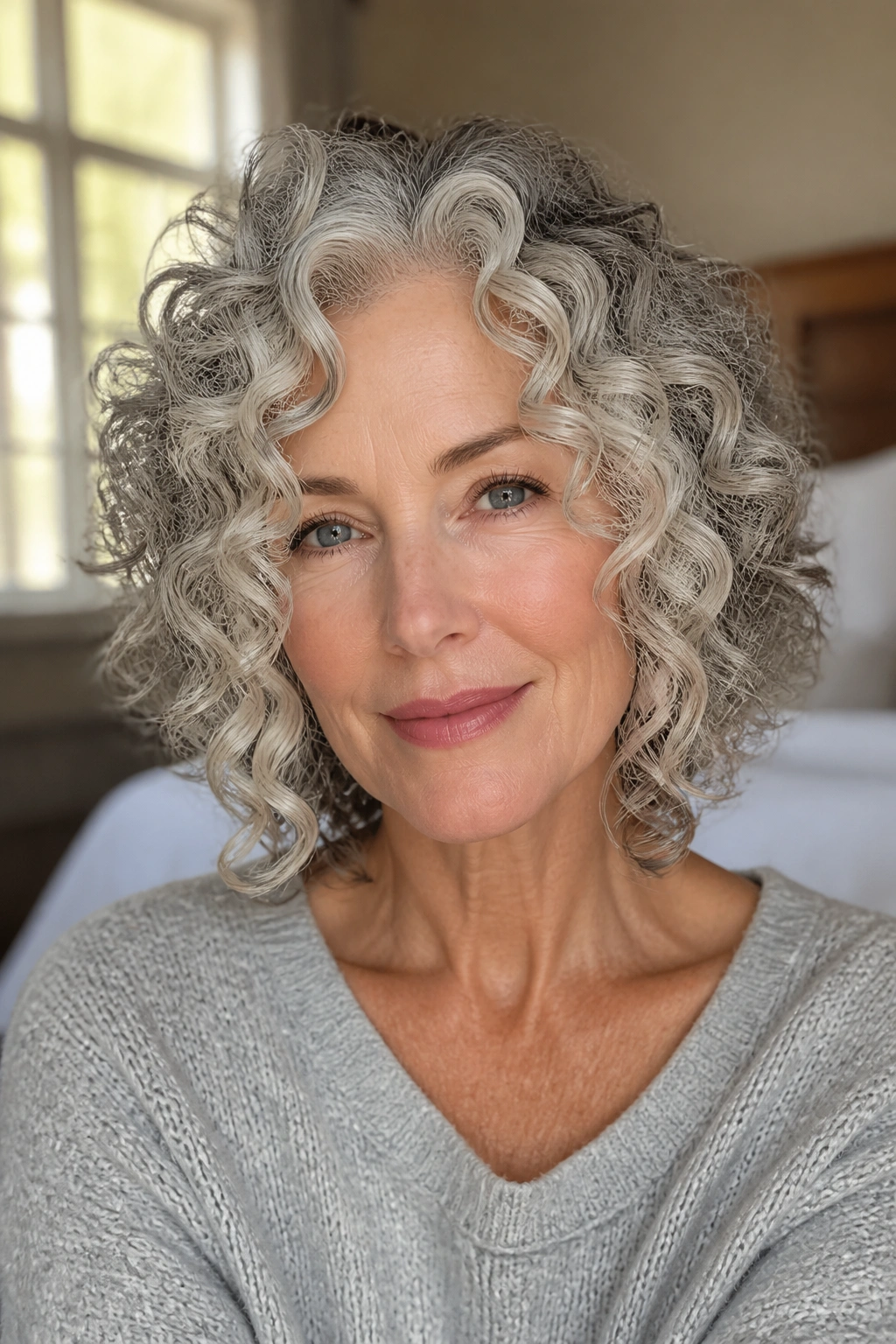 Close-up of a real woman with face-framing spiral layers in curly hair, soft window light